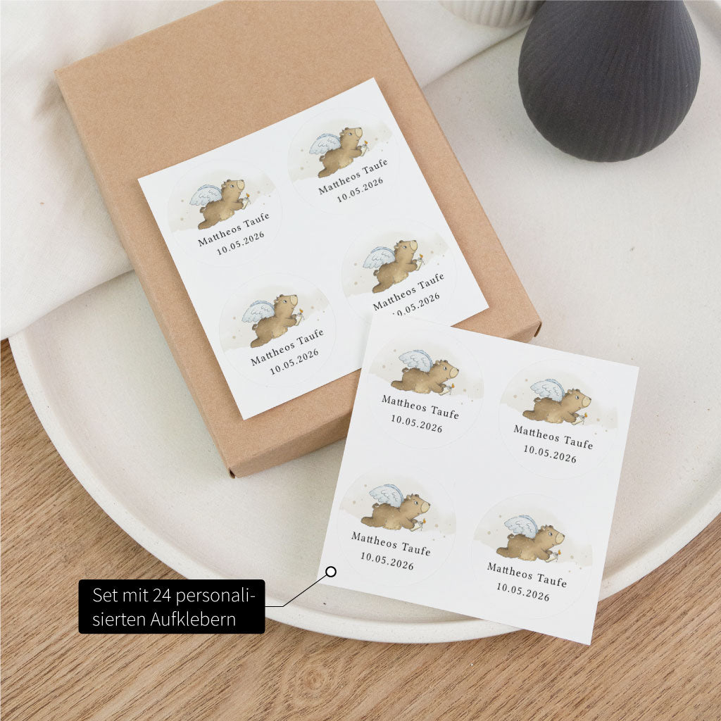 Set mit 24 personalisierten Aufklebern zur Taufe mit Engel-Bär, Name und Datum für Gastgeschenk, Mitgebsel und Einladung