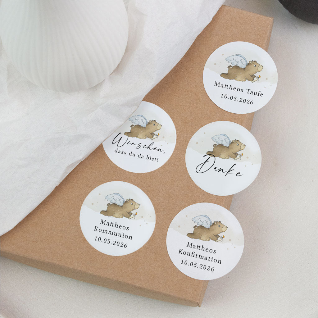 Verschiedene personalisierte Sticker mit Engel-Bär für Taufe, Kommunion, Dankeschön und Gastgeschenke