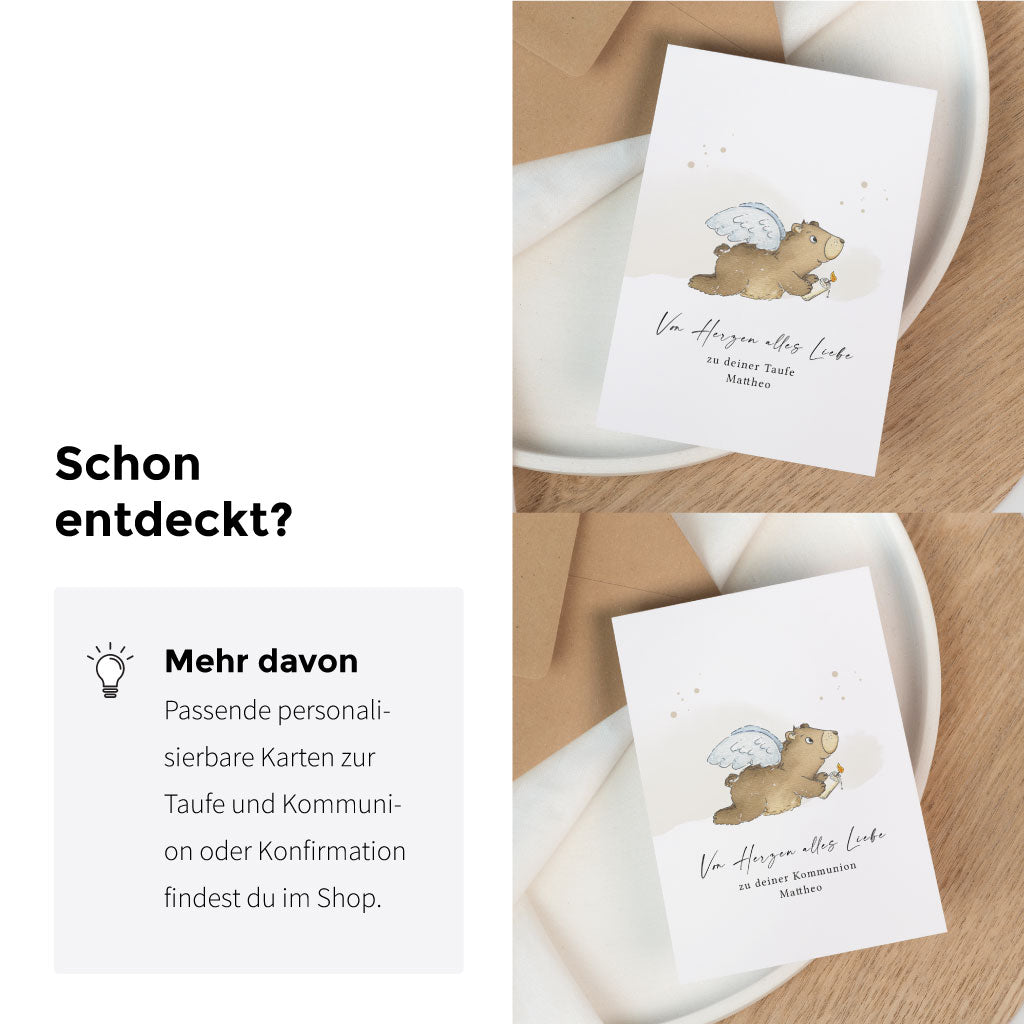 Passende personalisierbare Karten mit Engel-Bär Motiv für Taufe und Kommunion als Ergänzung zum Aufkleber