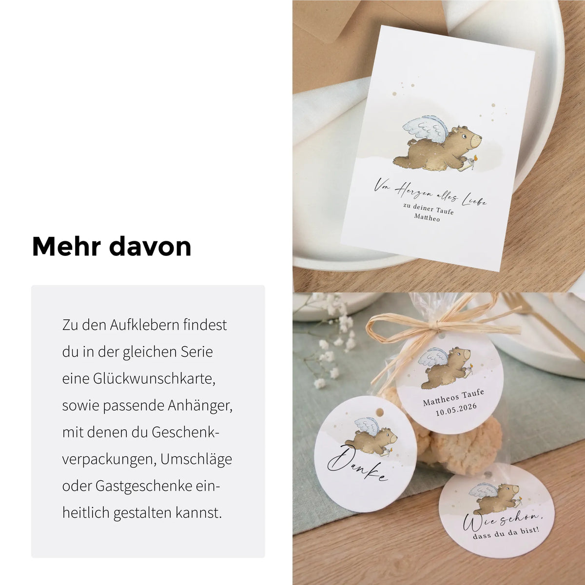 Taufe Papeterie Set mit Aquarell Motiv Engelbär: Glückwunschkarte und runde Aufkleber mit Anhänger als Gastgeschenk zur Taufe