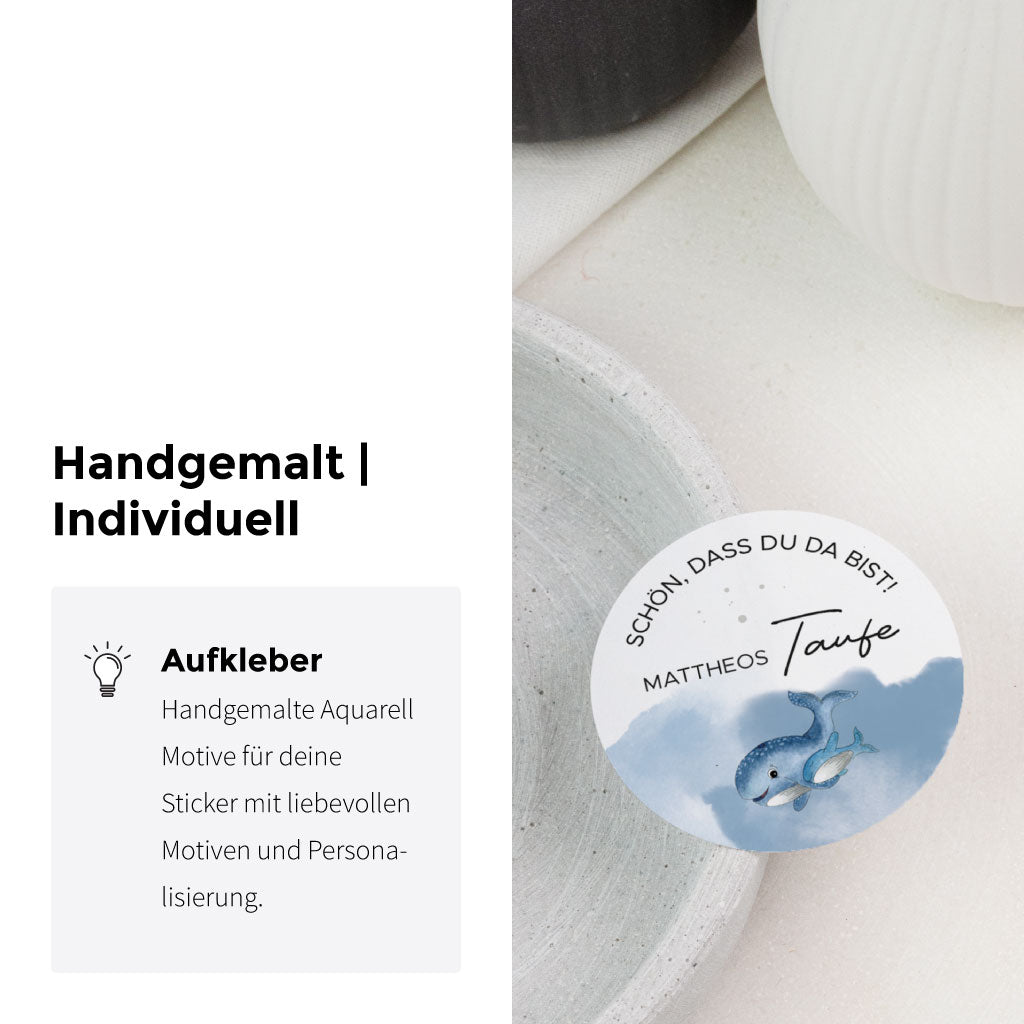 Personalisierte Taufaufkleber mit Name und handgemaltem Walmotiv als Aufkleber für Gastgeschenke und Mitgebsel