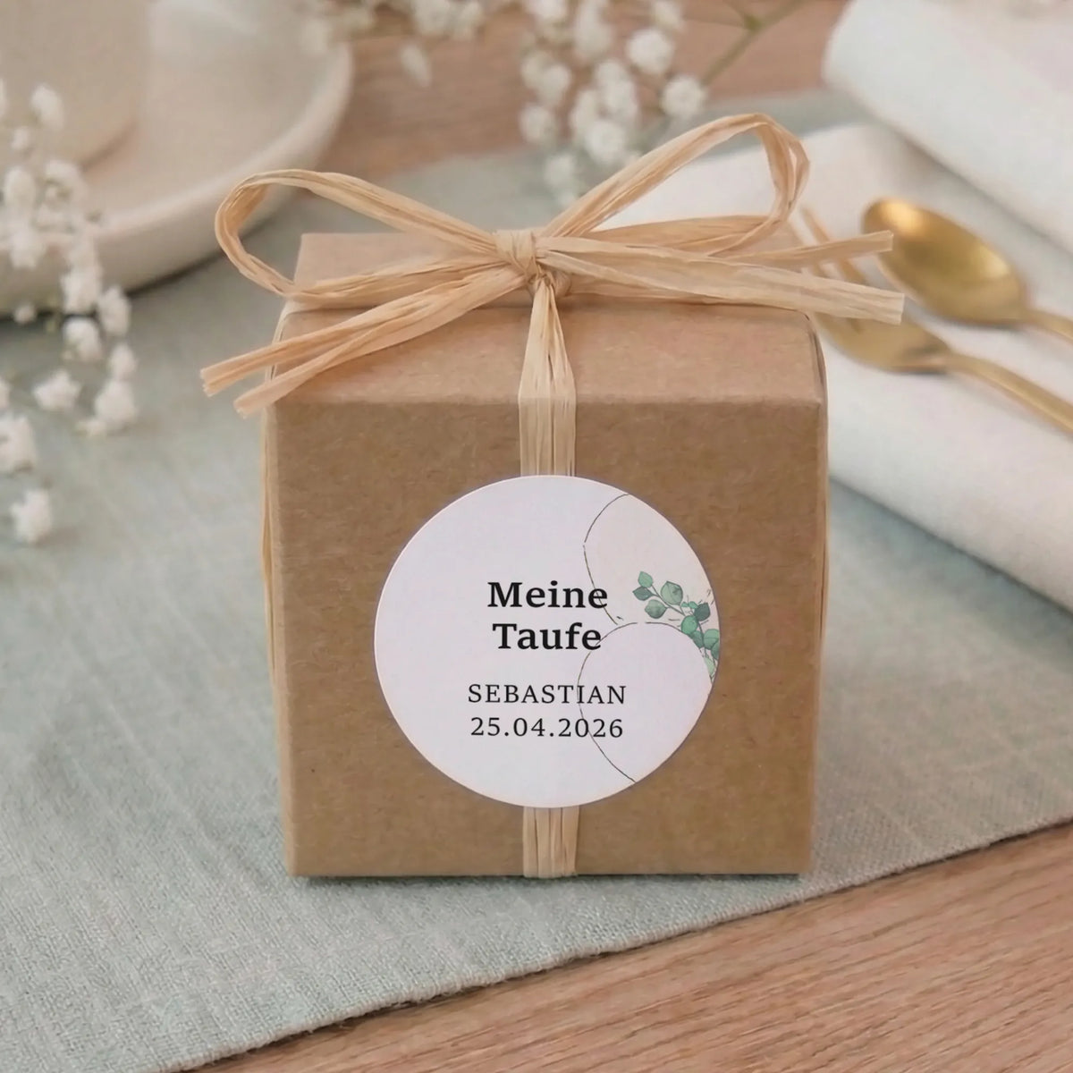 Kraftpapier-Geschenkbox mit Bast-Schleife und rundem Taufe Aufkleber, personalisiert mit Name Sebastian und Datum, Aquarell Motiv Eukalyptus