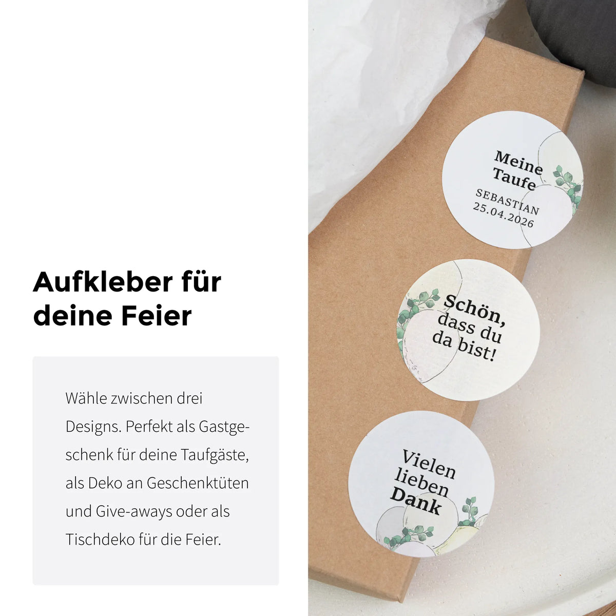 Drei runde Taufe Aufkleber auf Kraftpapier-Box: alle drei Designs mit Aquarell Motiv Eukalyptus für Gastgeschenke zur Baby Taufe