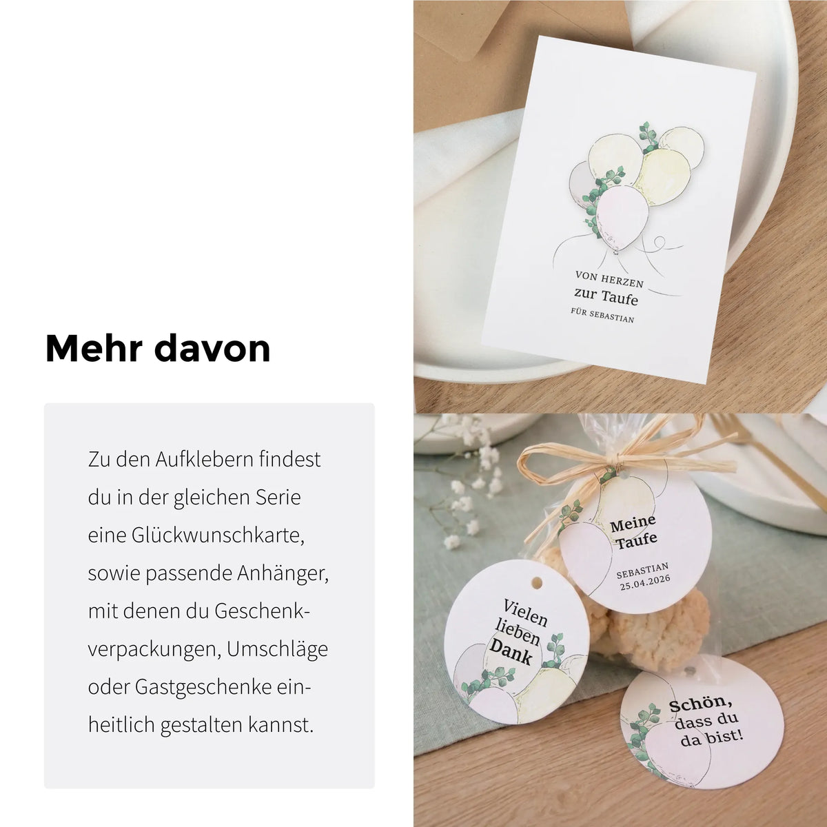 Passende Papeterie Serie zur Taufe: Glückwunschkarte und runde Anhänger mit Aquarell Motiv Eukalyptus für Gastgeschenke und Tischdeko