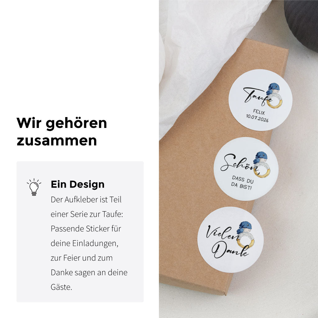 Sticker zur Taufe als Teil einer passenden Papeterie-Serie mit weiteren Aufklebern für Feier, Dankeskarten und Einladung