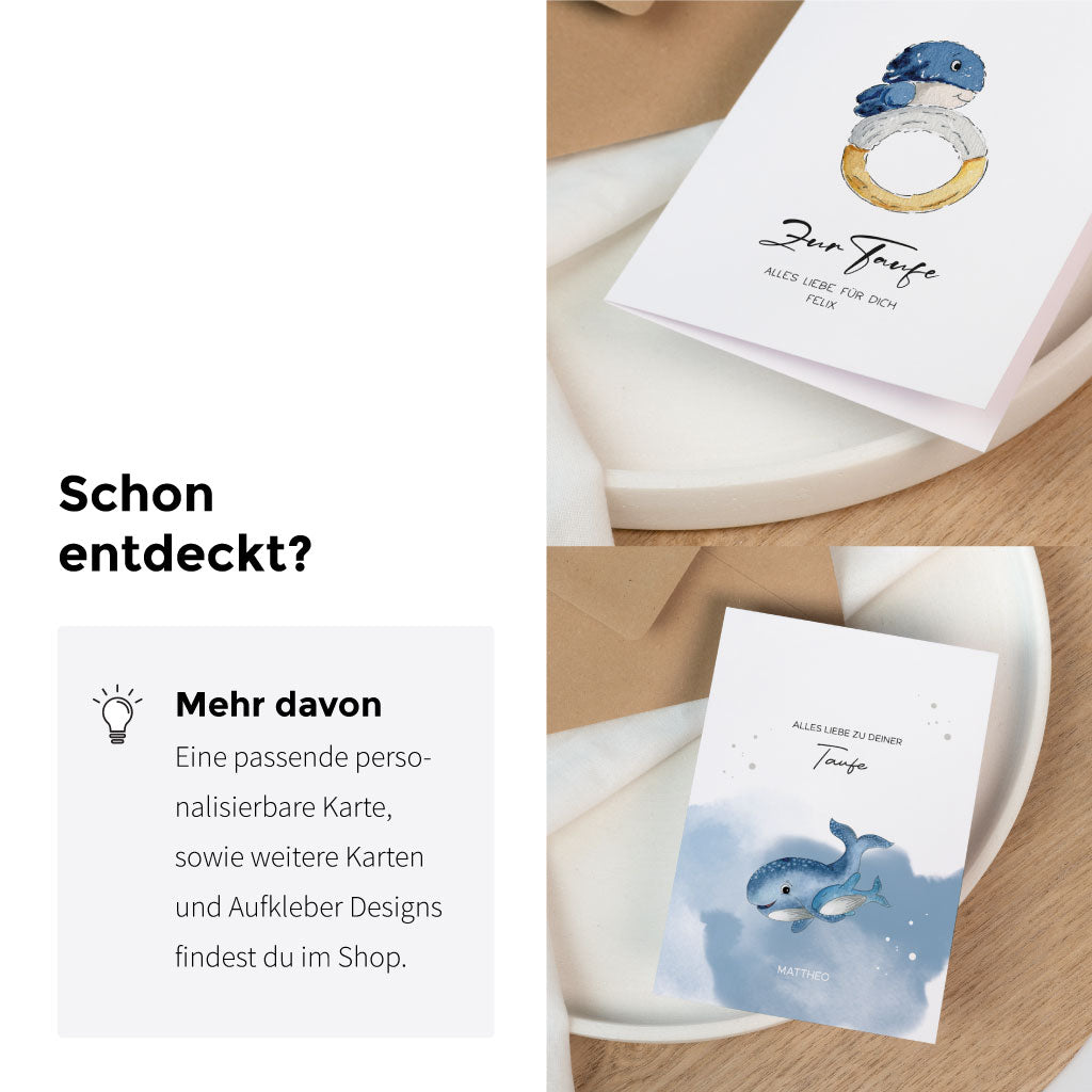 Passende Papeterie zur Taufe mit Walmotiv, Sticker und personalisierbare Karten im abgestimmten Design für die Tauffeier