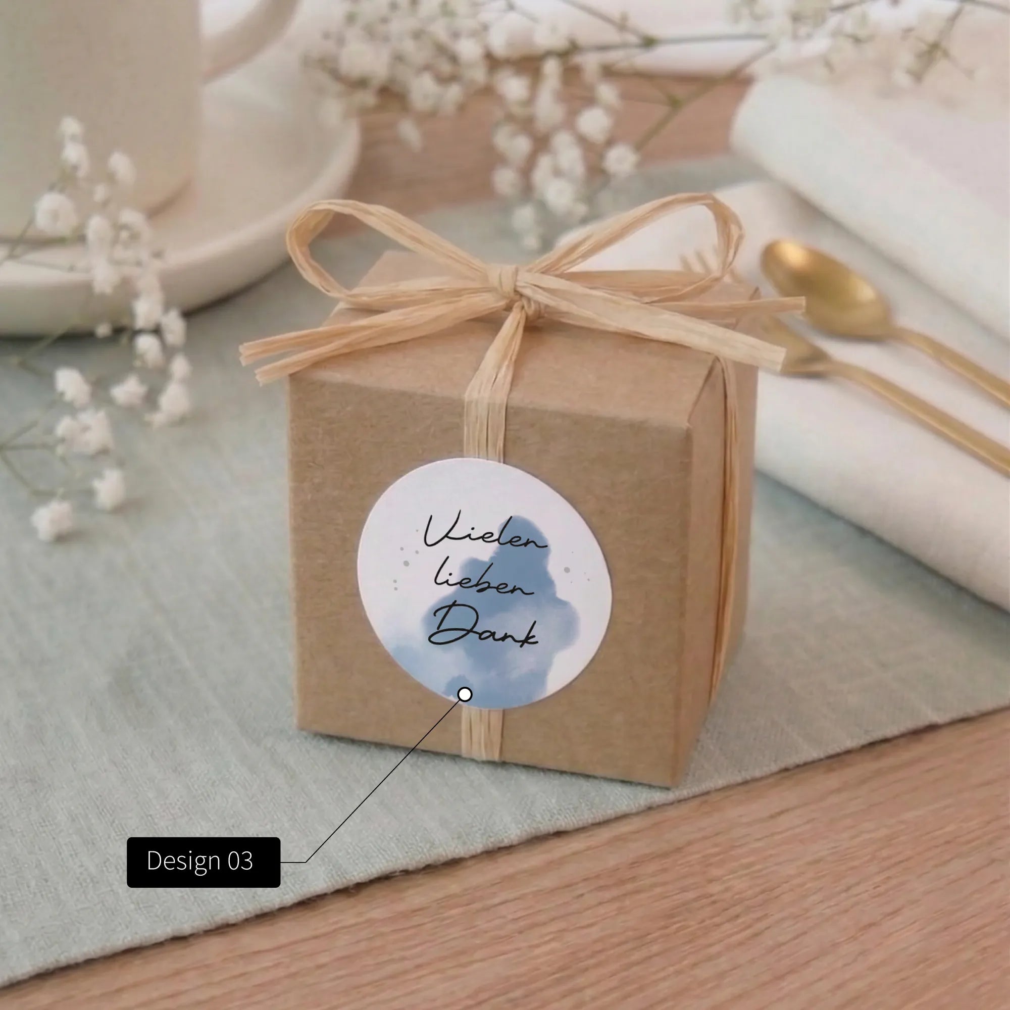 Kraftpapier-Geschenkbox mit rundem Taufe Aufkleber Design 03 Vielen lieben Dank, blauer Aquarell Motiv Hintergrund, mit Bast-Schleife