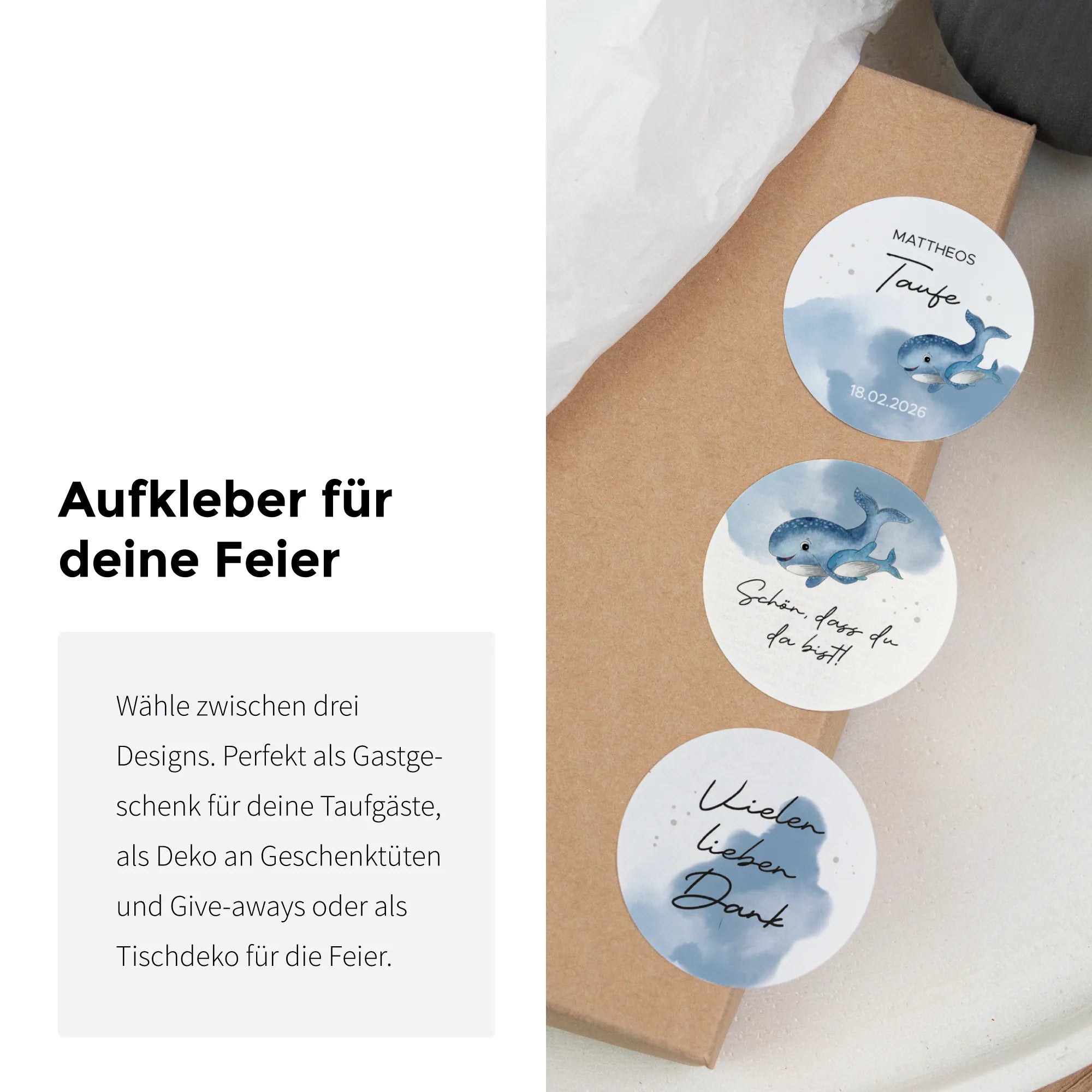 Drei runde Aufkleber zur Taufe mit Aquarell Motiv Wal auf Geschenkkarton: Design 01 personalisiert, Design 03 Schön dass du da bist, Design 04 Vielen lieben Dank