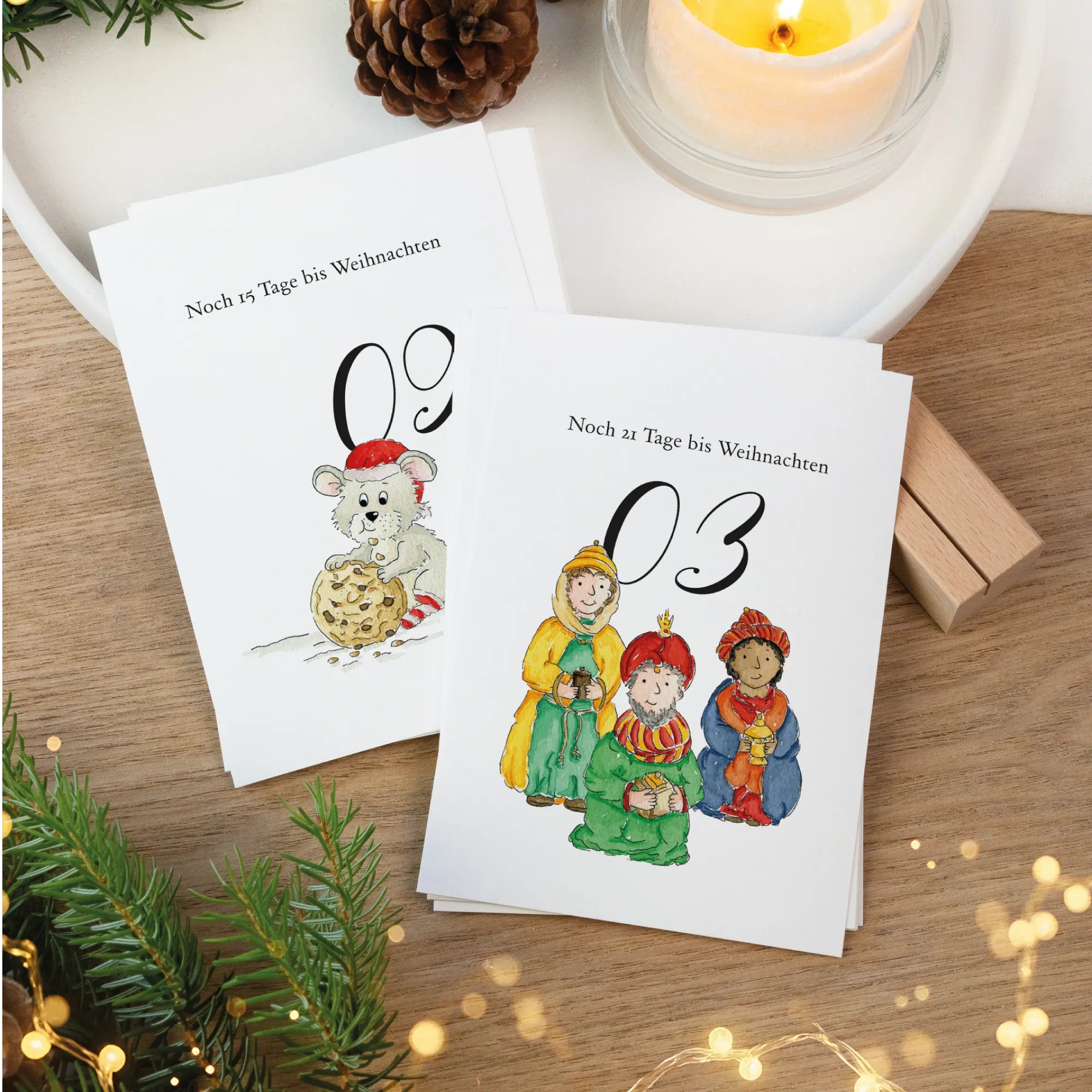 Adventskalender Karten mit Aufdruck Noch 15 Tage und Heilige Drei Könige Aquarell Motiv.