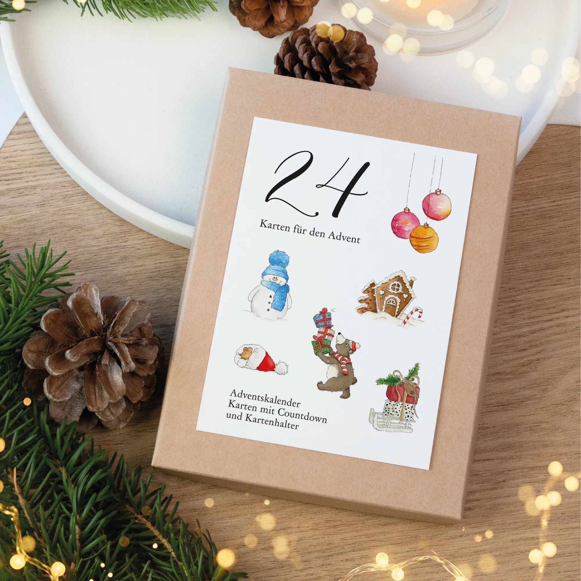 Verpackter Weihnachtskalender in Geschenk Schachtel aus Kraftkarton als Geschenk Idee für den Advent.