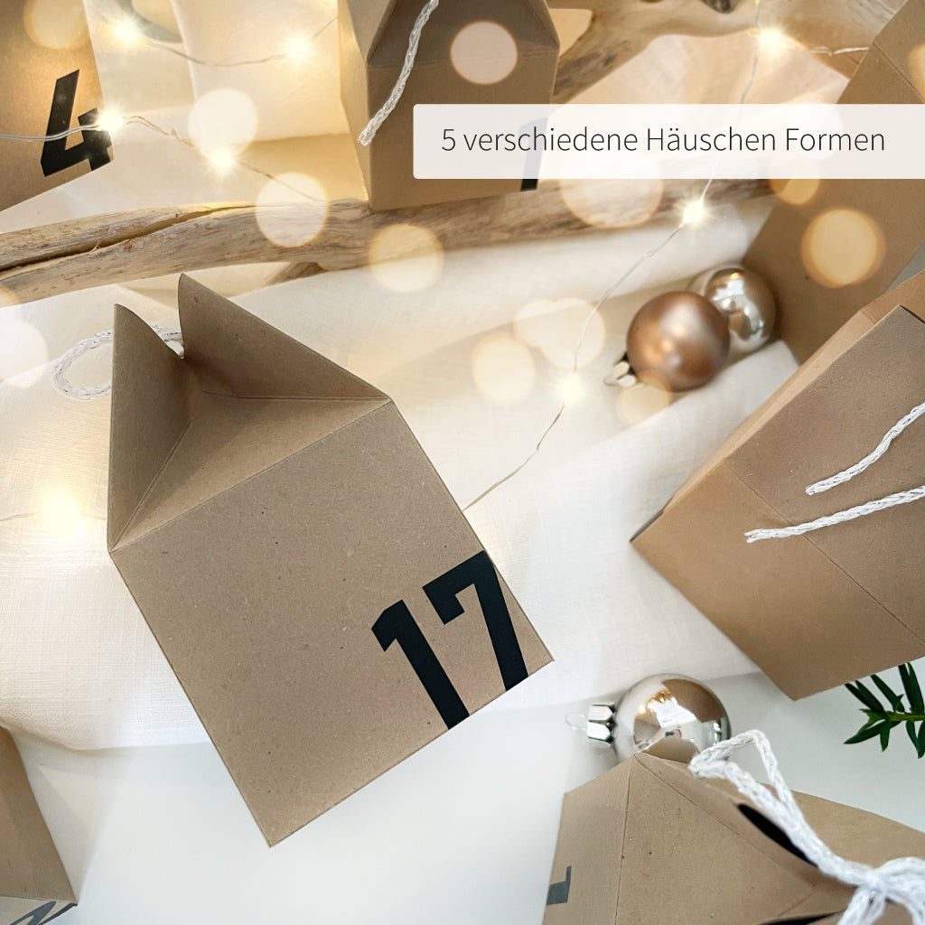 Adventskalender Dorf kann auf Kraftkarton oder farbigem Karton gedruckt werden