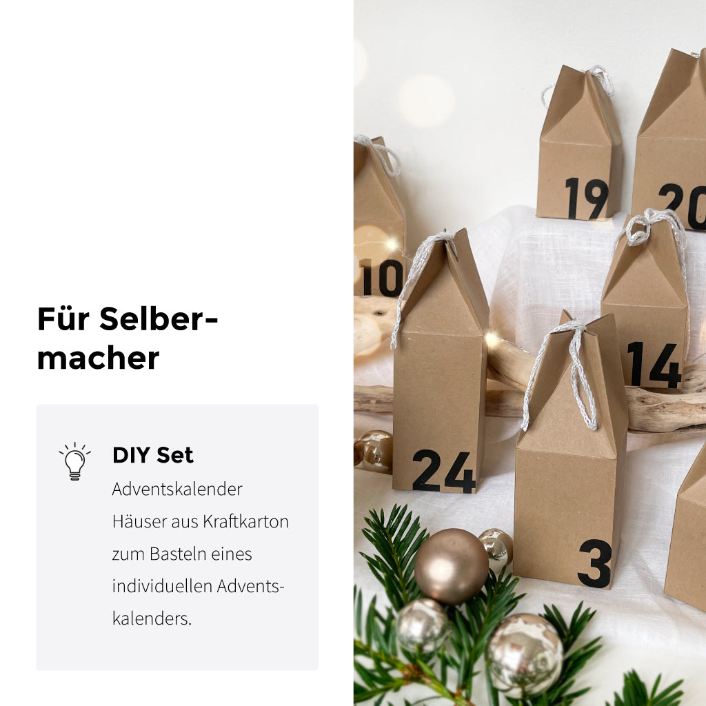 DIY Bastelset mit nummerierten Adventskalender Häusern aus Kraftpapier – ideal für kreative Weihnachtsdeko zum Selbermachen.