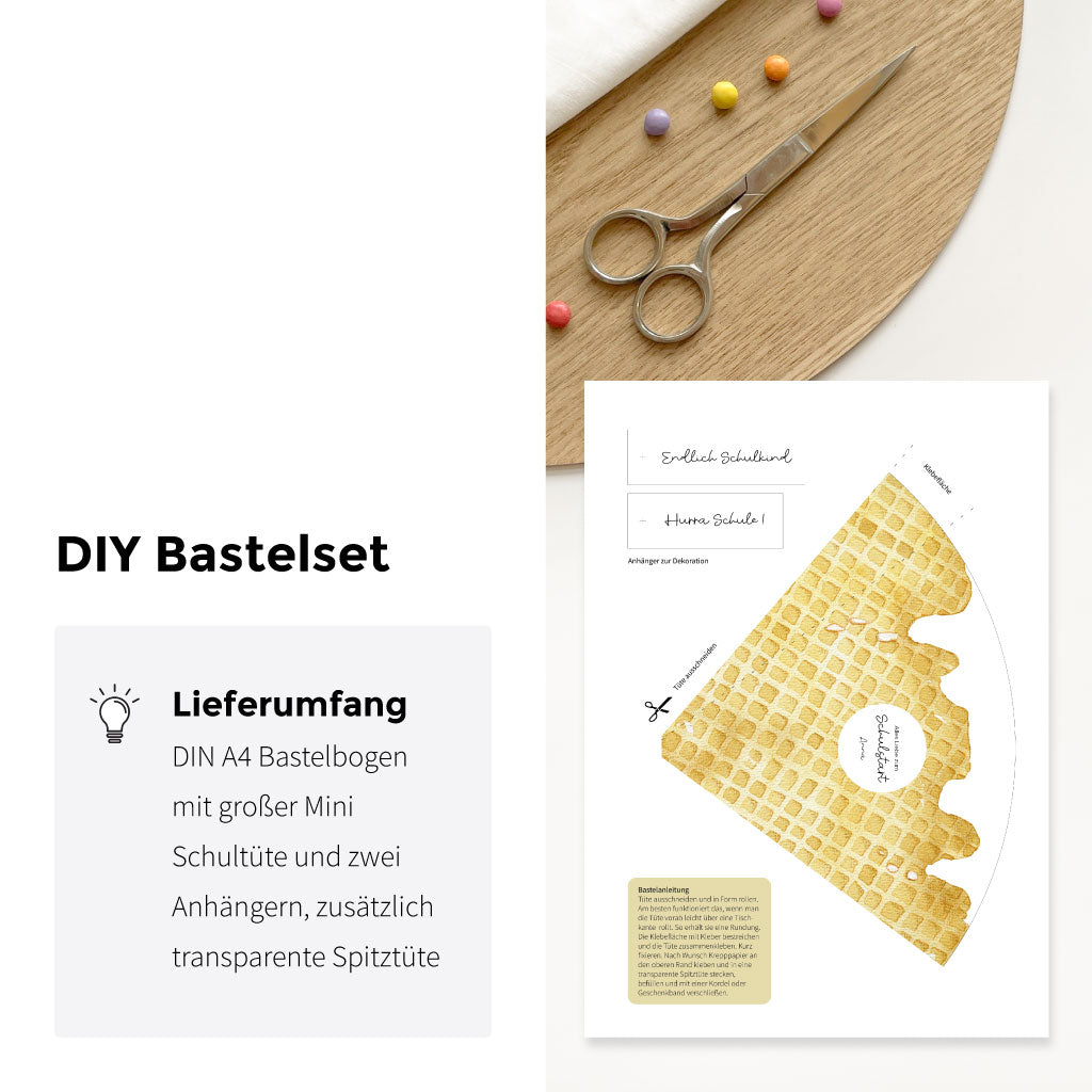 DIY Bastelbogen mit Schultüte, Anleitung und Anhängern