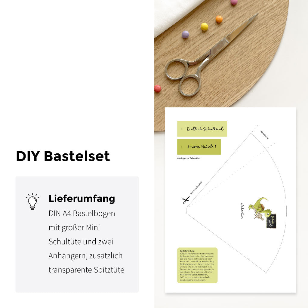 Bastelbogen mit Vorlage Schultüte, Anleitung und Anhängern