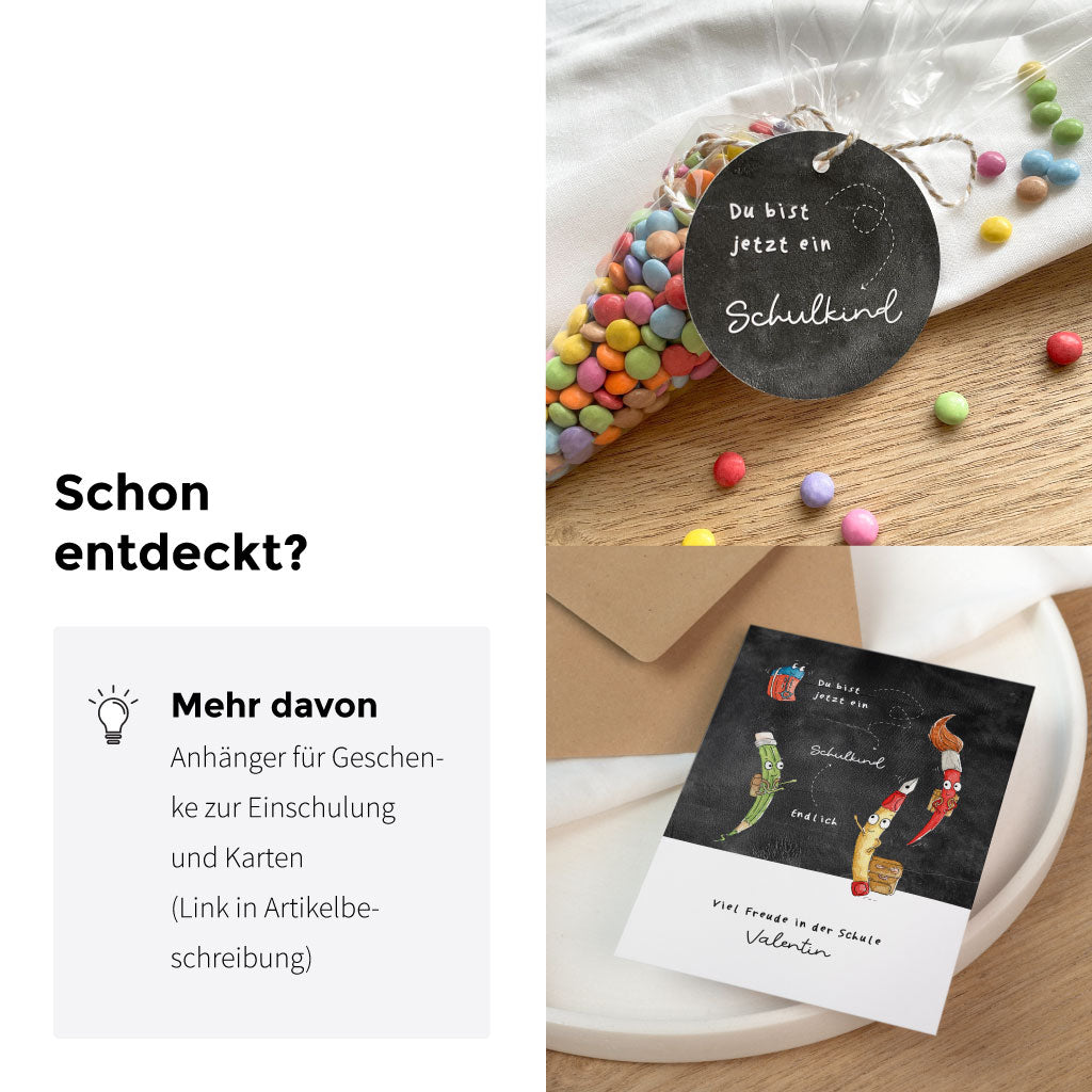Schulkind Produkte zur Einschulung: Karte, Geschenkbox, Anhänger, DIY Schultüte und Download Bastelvorlage