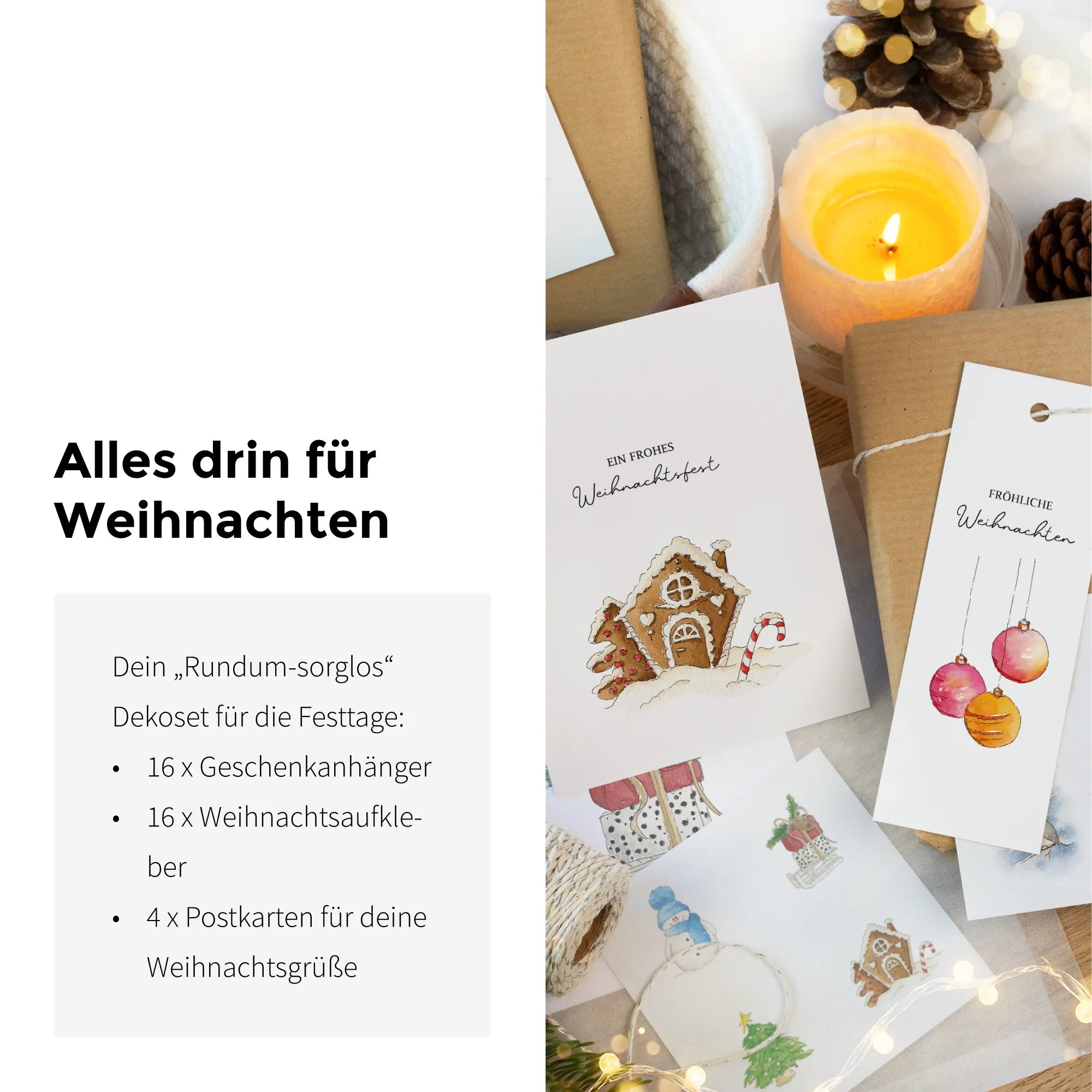 Übersichtliche Darstellung unseres Weihnachts-Dekosets mit Geschenkanhängern, Aufklebern und Grußkarten mit Aquarell Motiven.
