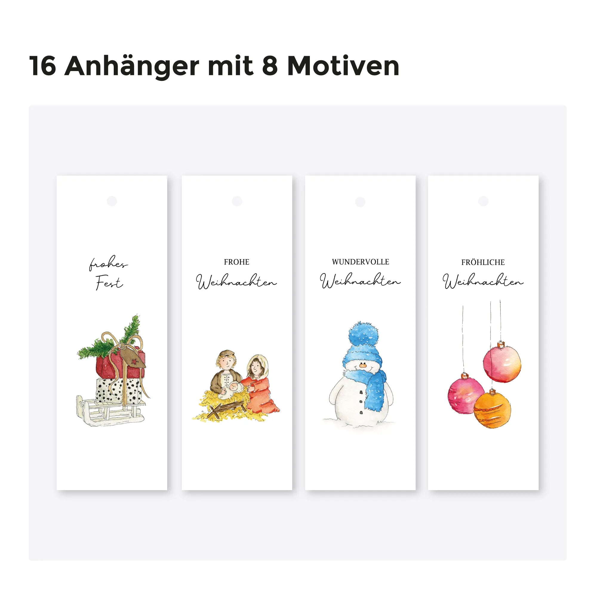Übersicht der 16 Geschenkanhänger mit 8 verschiedenen Aquarell Motiven wie Krippe, Weihnachtsbaum und Kugeln.