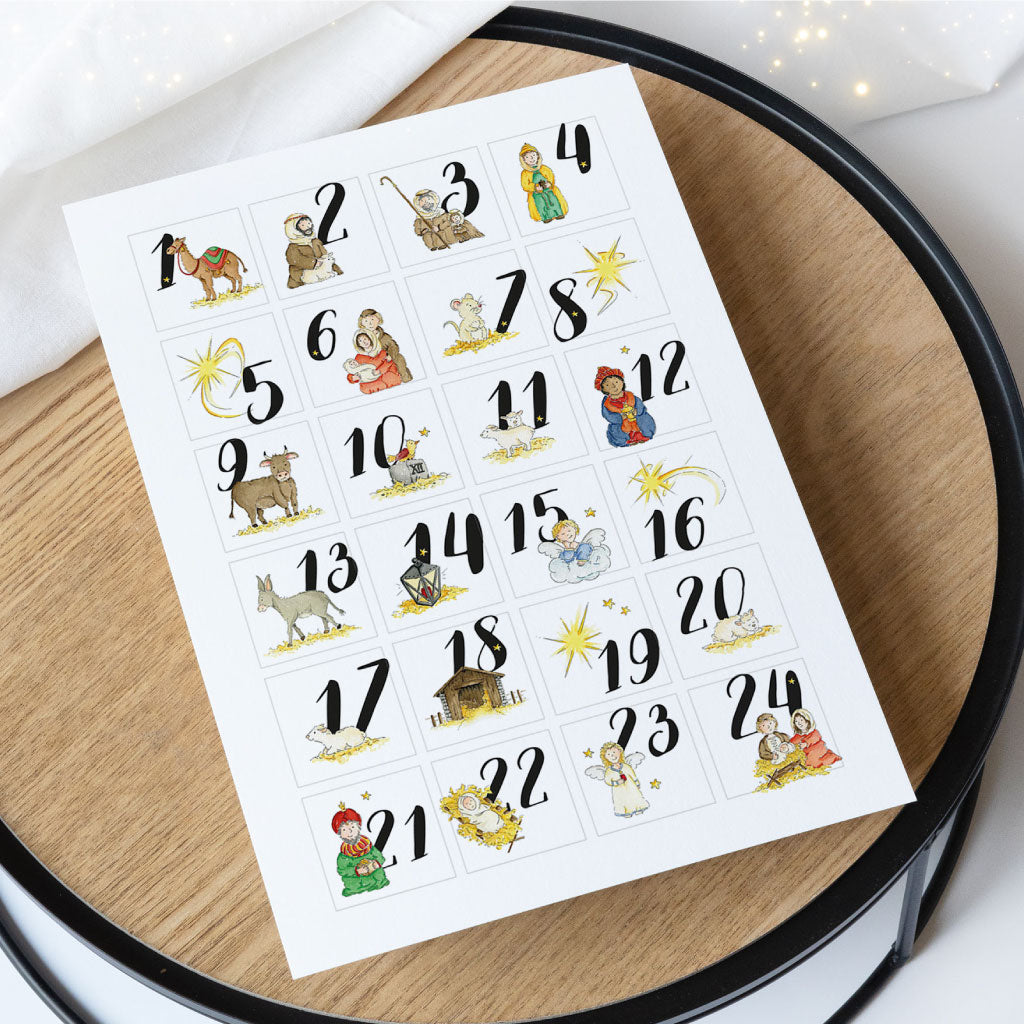 24 quadratische Adventskalender Zahlen Aufkleber mit Motiven aus der Weihnachtsgeschichte zum Download und selbst Ausdrucken