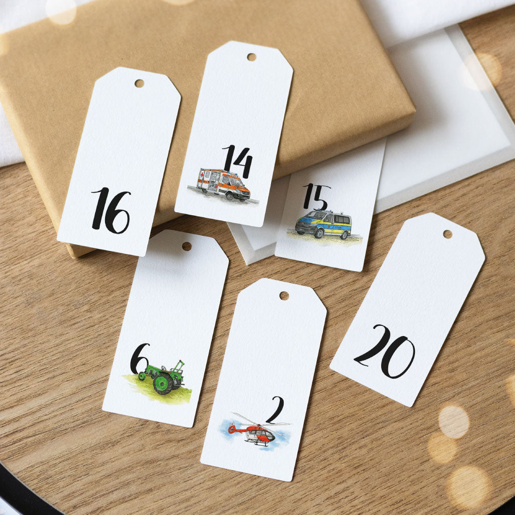 Digitale Datei 24 Adventskalender Anhänger mit Aquarell Fahrzeug Motiven