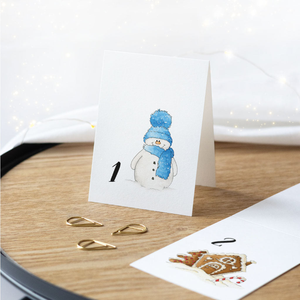 Download Adventskalender Zahlen in Streifen Form mit weihnachtlichen Aquarell Motiven