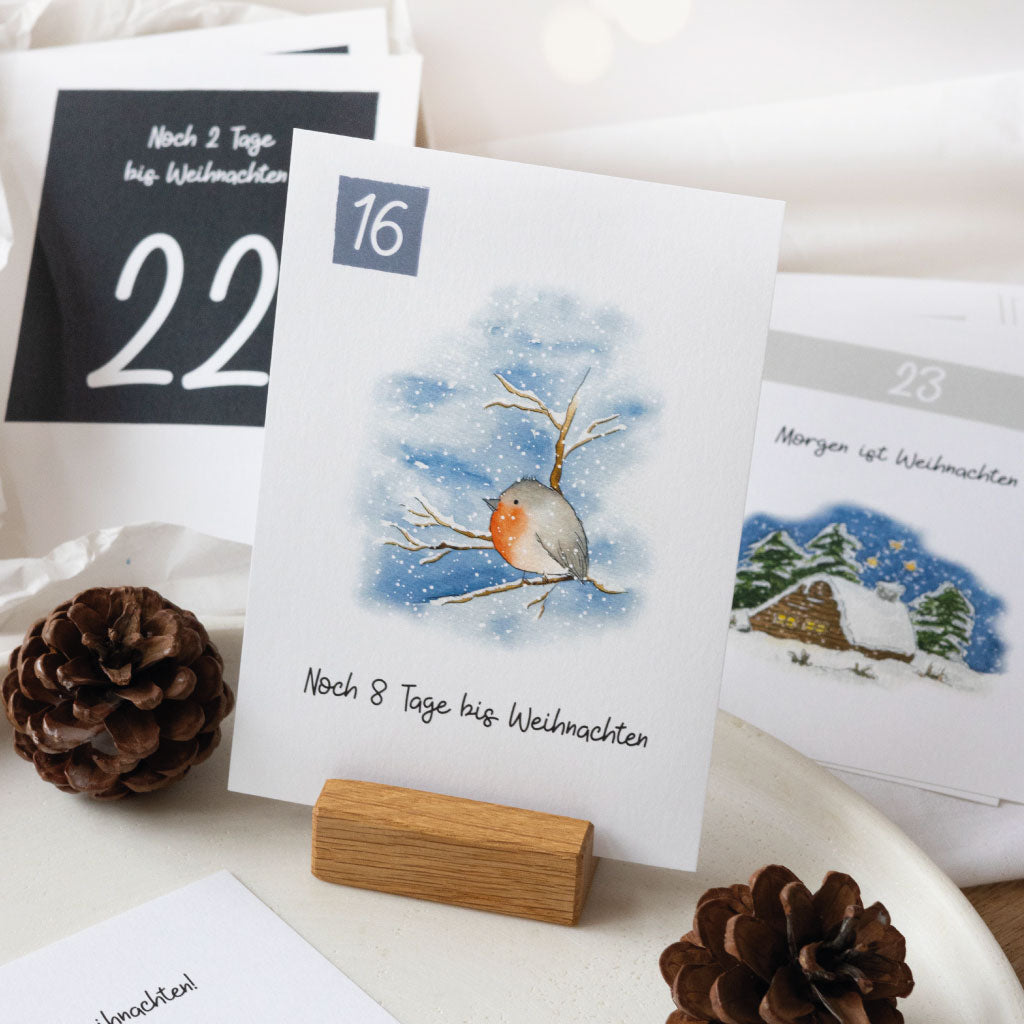 Adventskalender Countdown Karte mit Vogel im Schnee