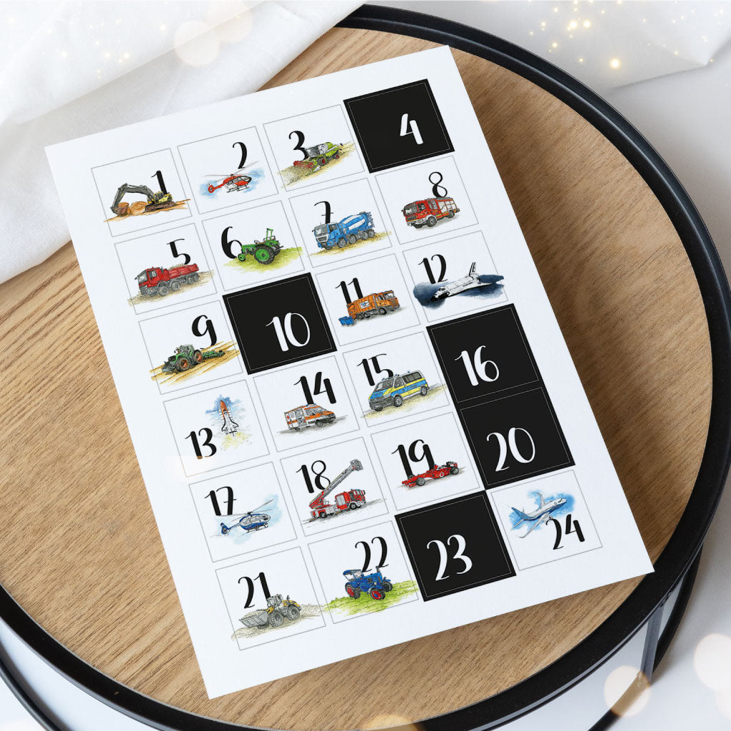 24 quadratische Adventskalender Zahlen Aufkleber mit Fahrzeug Motiven zum Download und selbst Ausdrucken