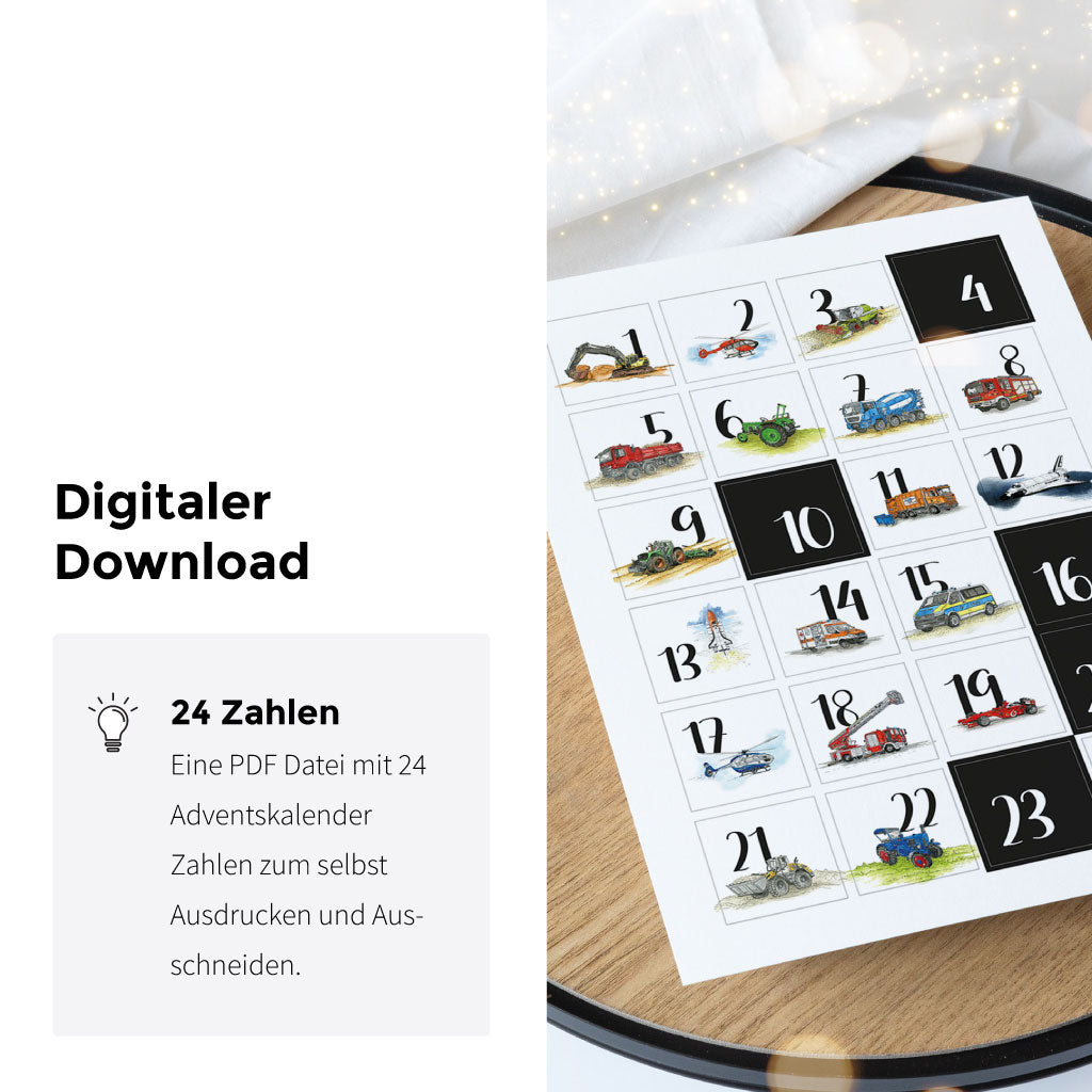 Handgemalte Fahrzeug Aquarell Motive für individuellen Adventskalender, als Download zum DIY Adventskalender basteln