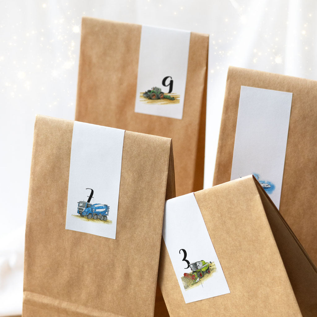 Download Adventskalender Aufkleber Zahlen mit Fahrzeug Aquarellen