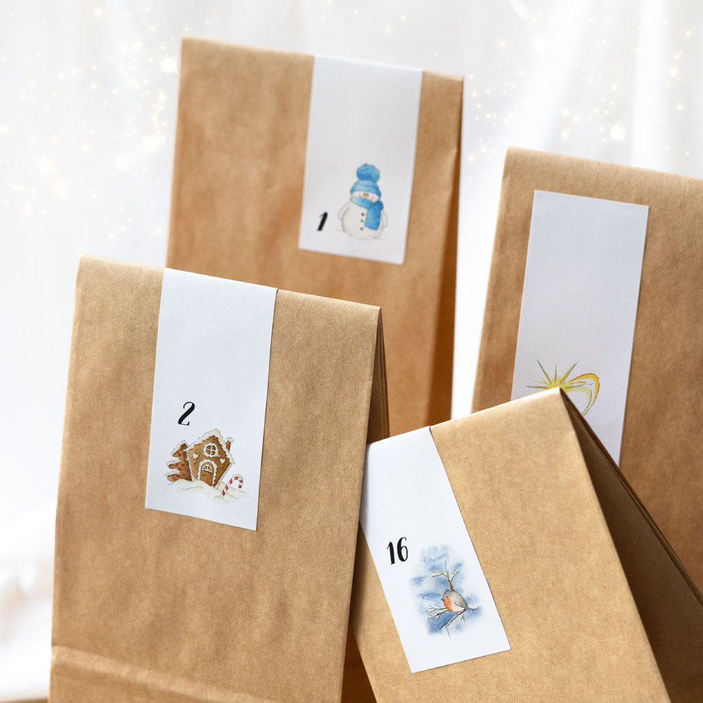Download Adventskalender Aufkleber Zahlen mit winterlichen Aquarell Bildern