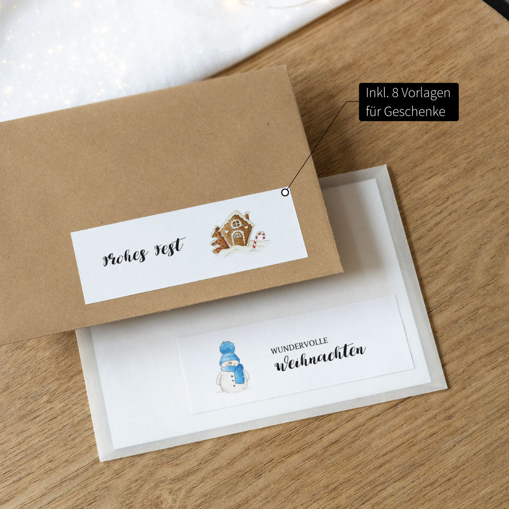 Zusätzlich sind 8 Weihnachtsgeschenke Aufkleber Vorlagen ohne Zahlen enthalten