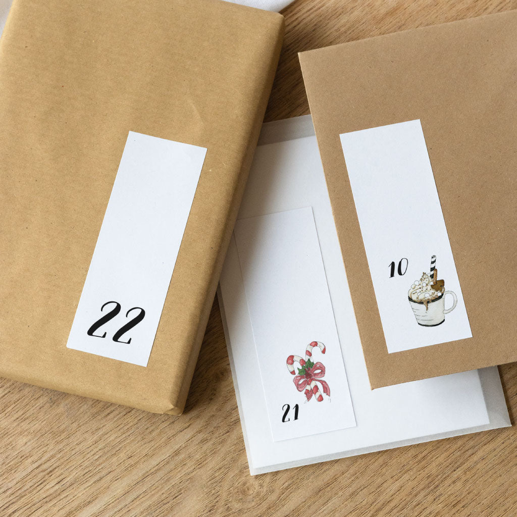 Adventskalender Zahlen Vorlagen mit handgemalten winterlichen Aquarell Bildern