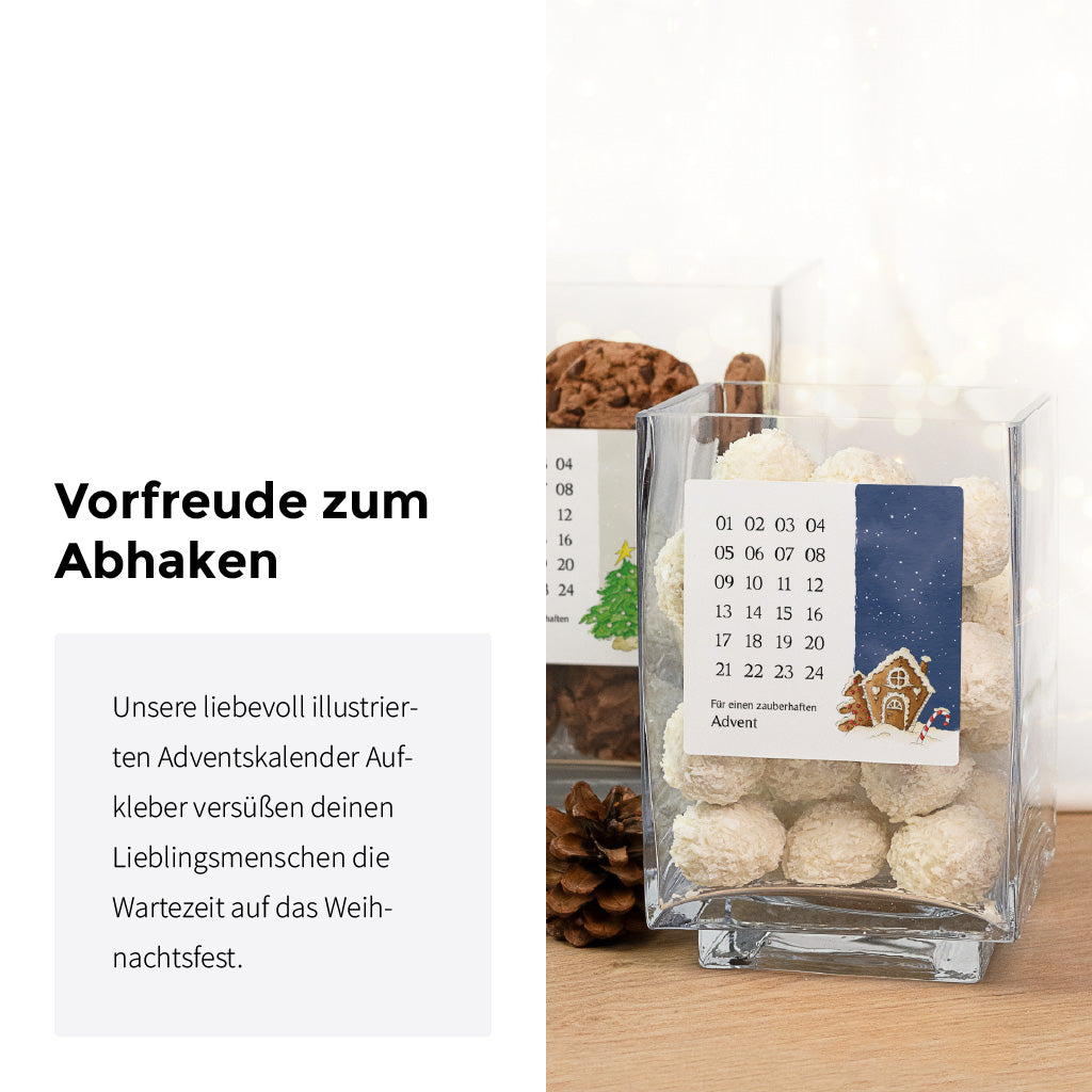 Textgrafik Vorfreude zum Abhaken neben einem Gestaltungsbeispiel für den fertigen DIY Adventskalender