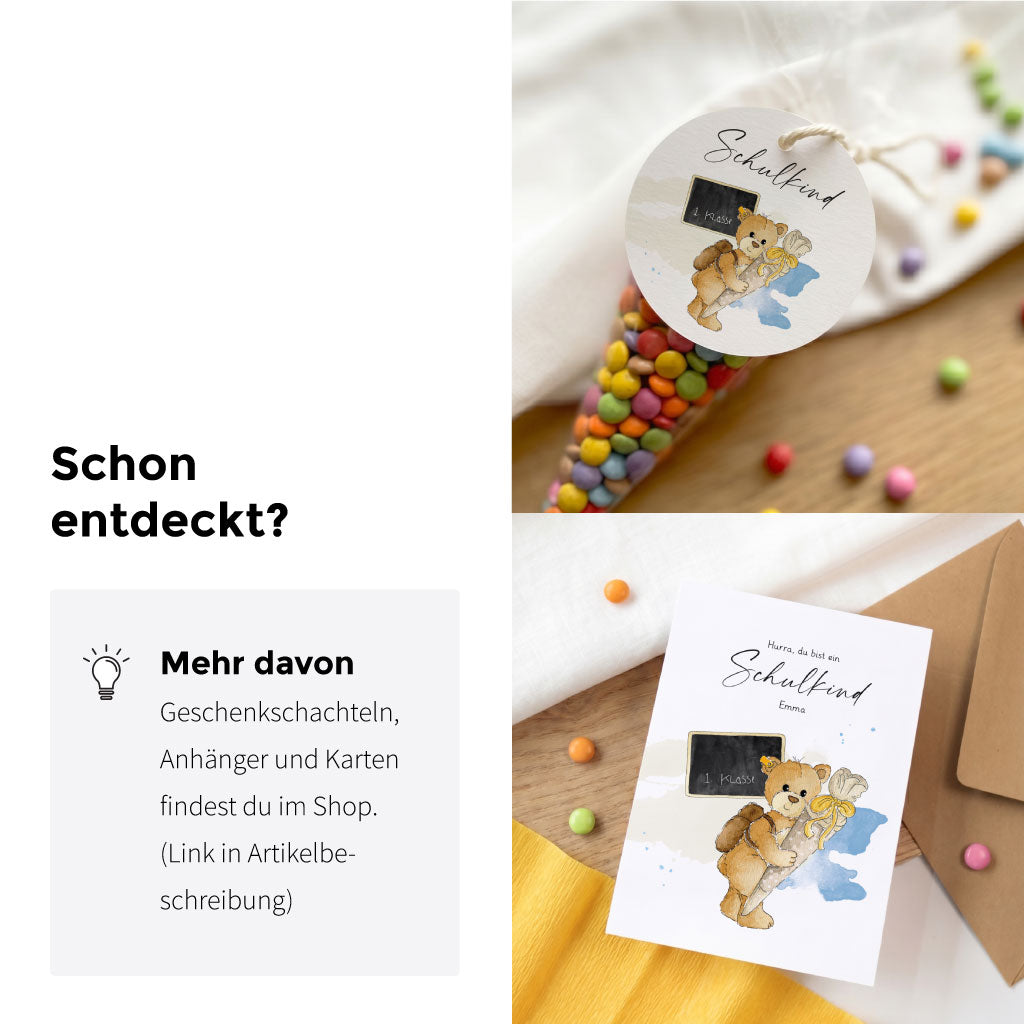 DIY Schultüte und passende Glückwunschkarte zur Einschulung mit handgemaltem Teddy Aquarell Motiv.