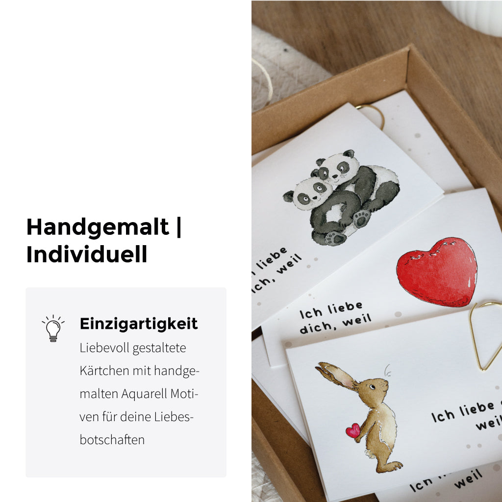 Handgemalte süße Aquarell Tiere und Beschriftung: Ich liebe dich, weil...