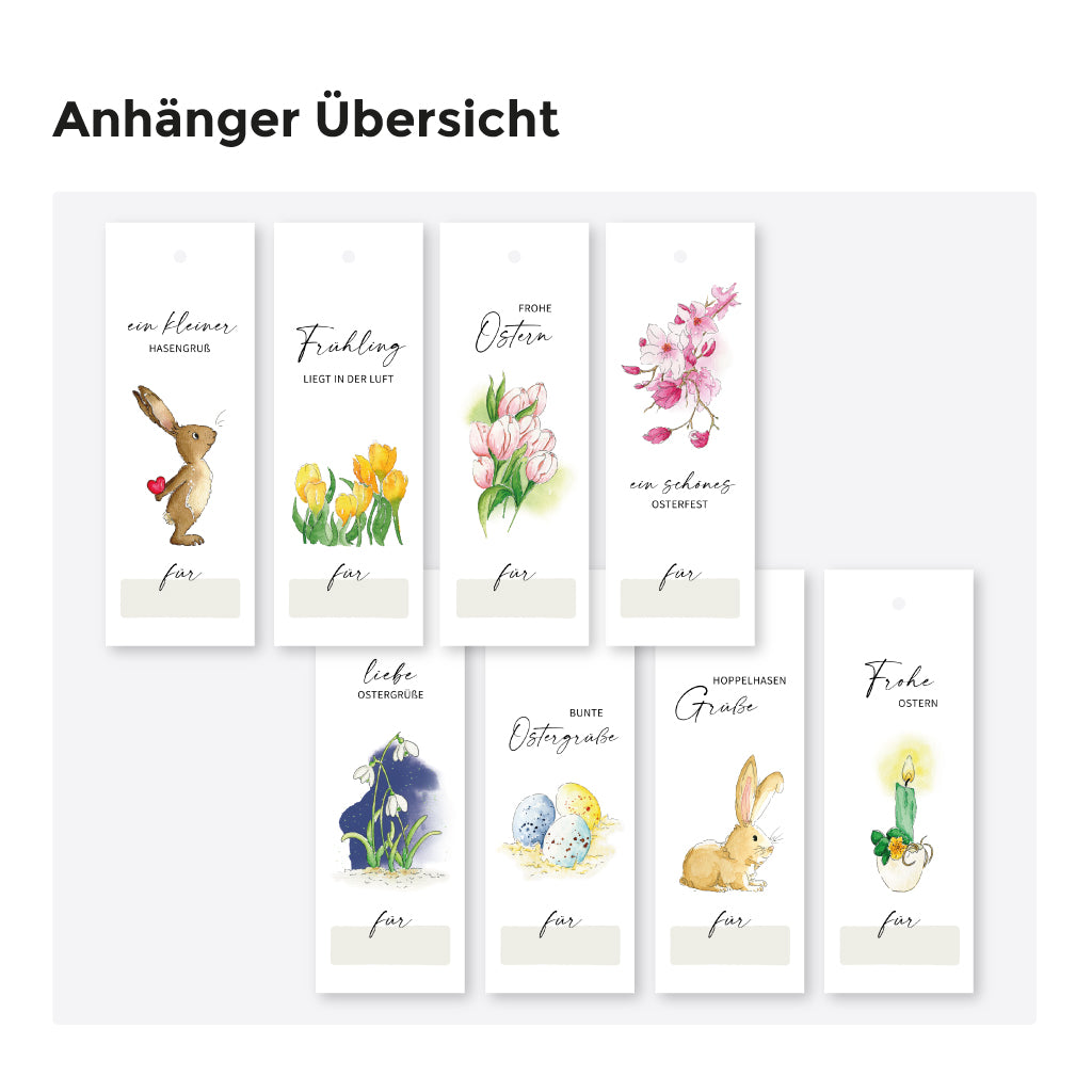 Übersicht der enthaltenen PDF-Vorlagen: Osteranhänger mit Aquarellmotiven wie Osterhase, Osterei und Frühlingsblumen – zum Download als Bastelvorlage für deine Osterdeko.