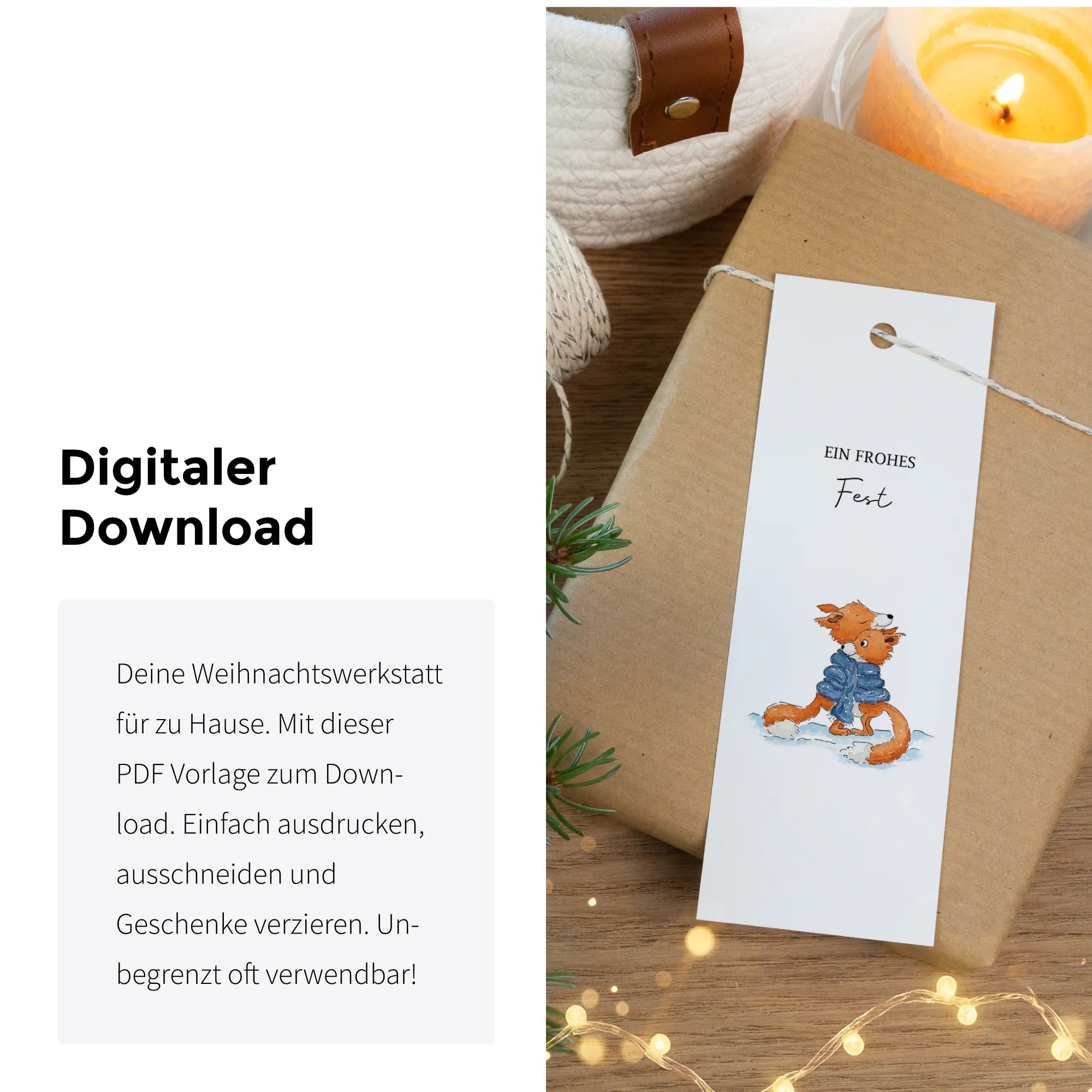Digitale Bastelvorlage Weihnachtsgeschenkanhänger mit Aquarell Motiv Fuchs als PDF Download für zu Hause.