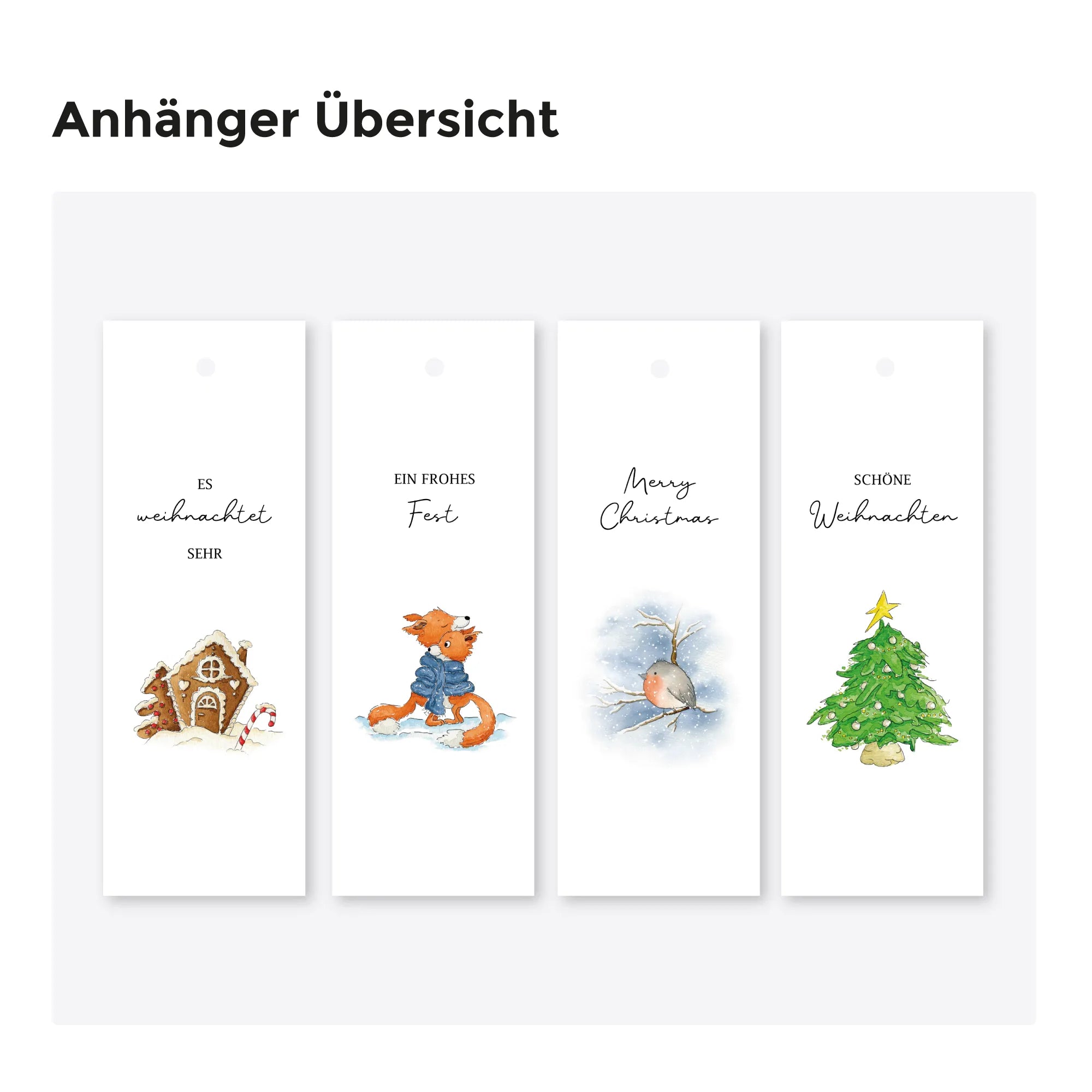 Übersicht der digitalen Weihnachtsanhänger Vorlagen als PDF mit Aquarell Motiv Lebkuchenhaus, Fuchs und Tannenbaum.