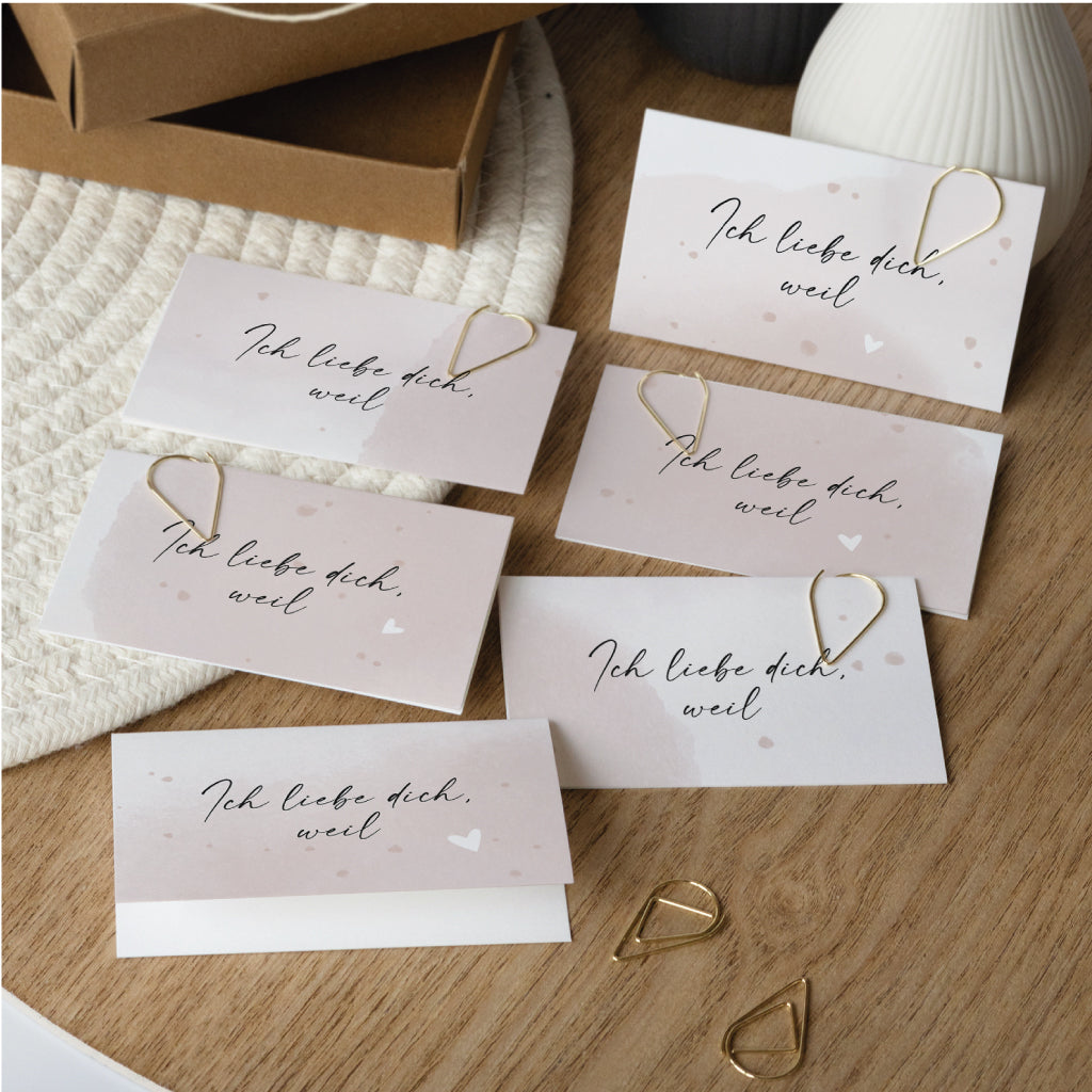 Sechs digitale Liebesbrief-Karten mit der Aufschrift „Ich liebe dich, weil“ – ideal für DIY-Geschenke zum Valentinstag oder Hochzeitstag.