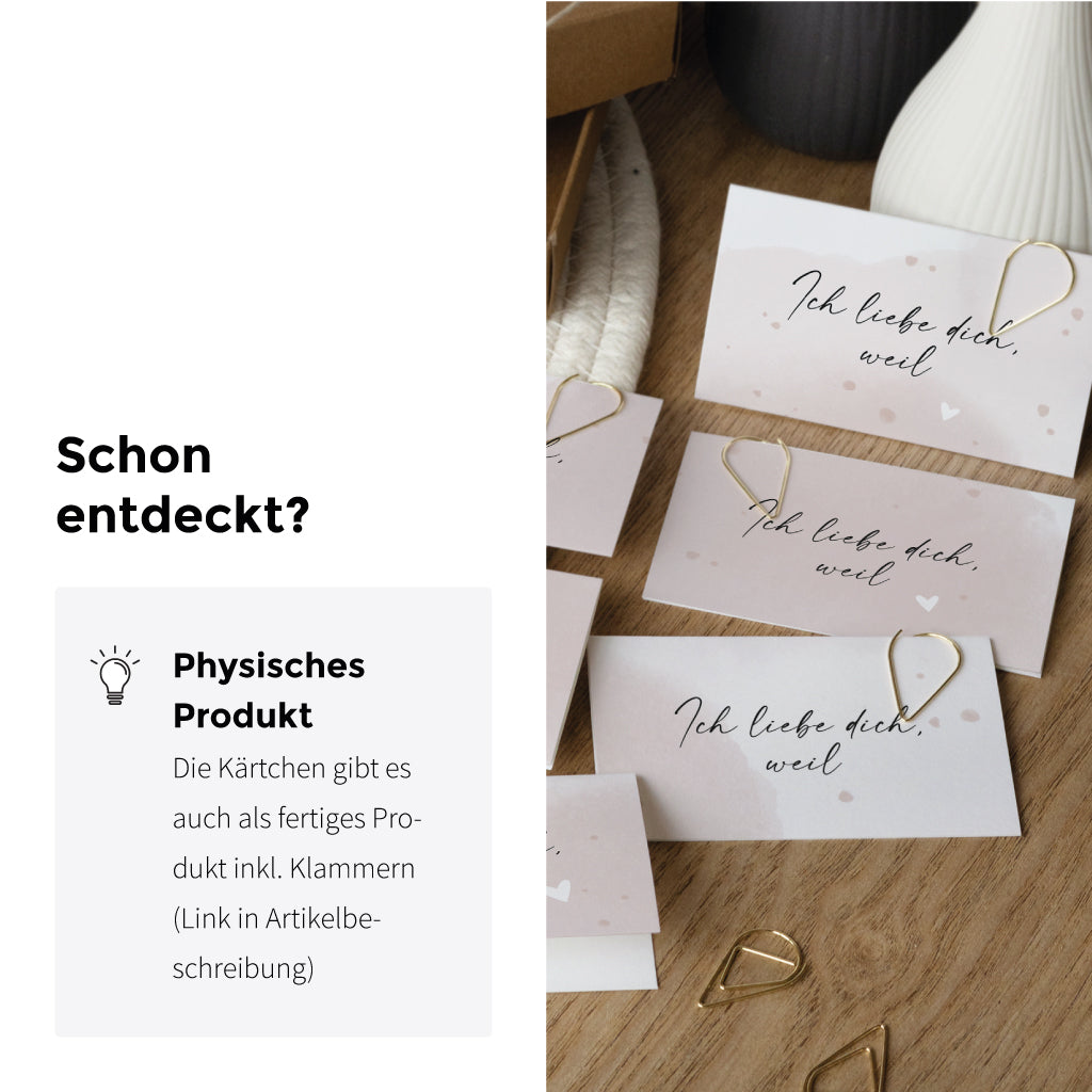 Hinweis auf das passende physische Produkt: Liebesbrief-Karten mit Klammern auch als fertig gedrucktes Set erhältlich – perfekt als Geschenk.