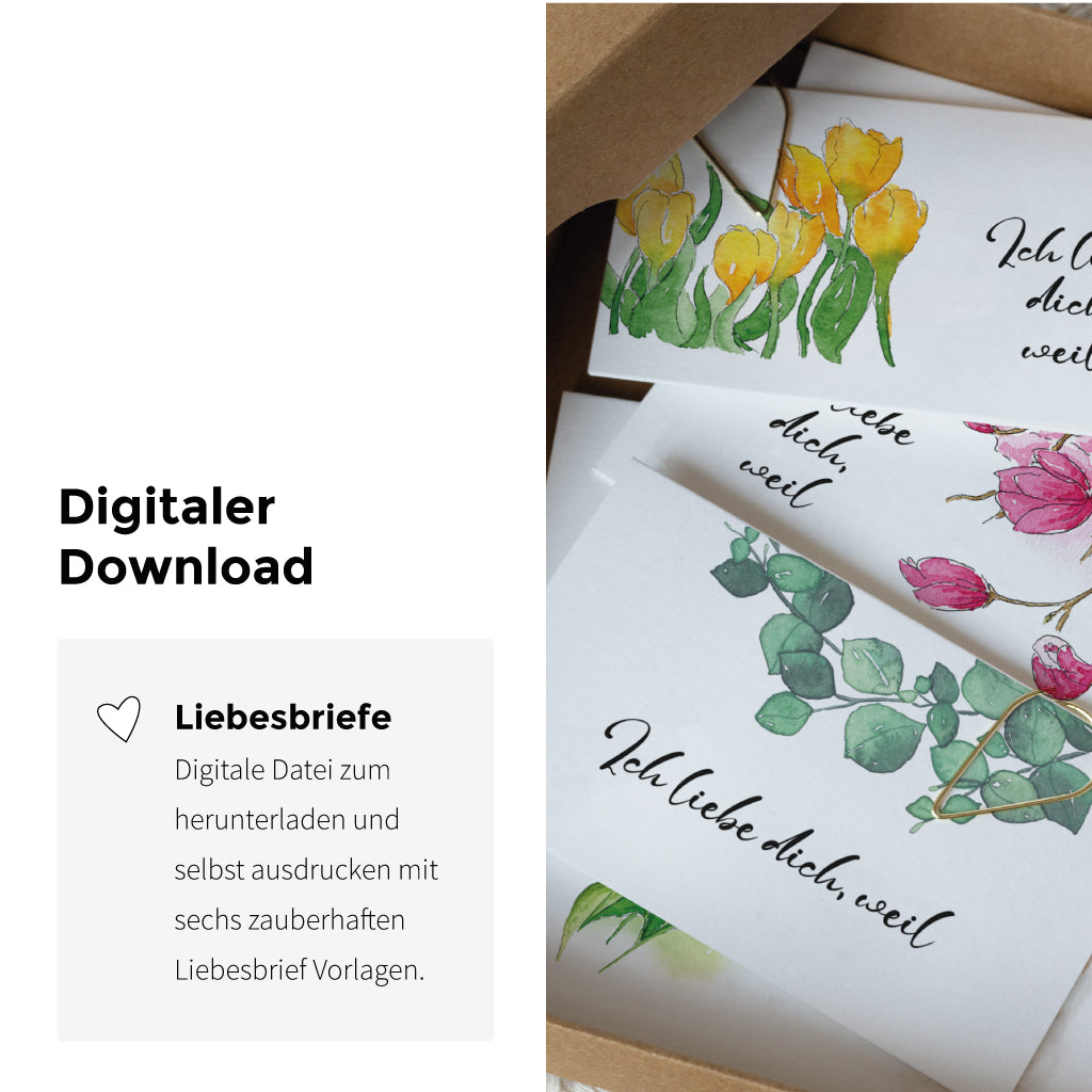 Download digitale Datei mit romantischen Liebesbriefen zum Beschriften mit handgemalten Frühlingsblumen Motiven – ein liebevolles Geschenk für deinen Partner.
