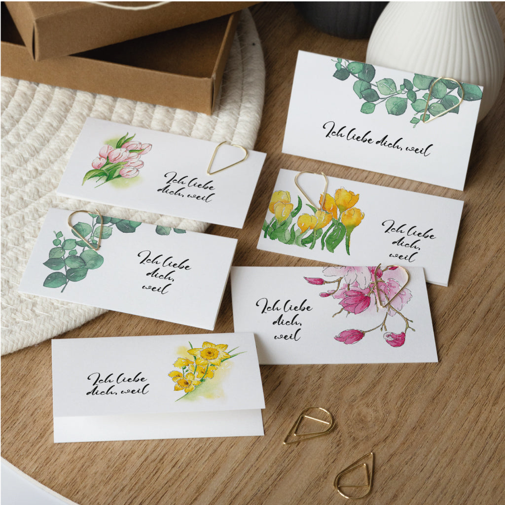 Sechs verschiedene Karten Motive mit floralen Aquarellmotiven zum Ausdrucken und Selbstbeschriften – kreative Liebesbriefe für Frühling, Valentinstag oder Geburtstag.