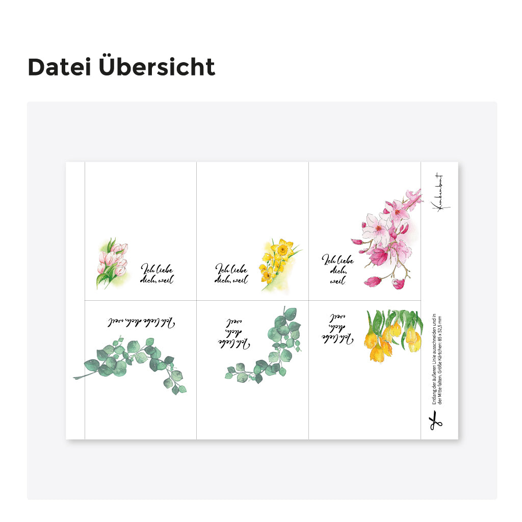 Übersicht der pdf Datei im Format DIN A4 mit sechs Vorlagen für Liebesbriefe zum Valentinstag, Jahrestag, Hochzeitstag oder einfach so.