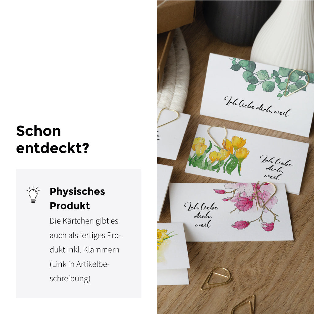 Auch als fertis ausgedrucktes Produkt mit Geschenkschachtel und Anhänger erhältlich – schöne Geschenkidee zum Valentinstag, Hochzeitstag oder als Glas voll Liebe.
