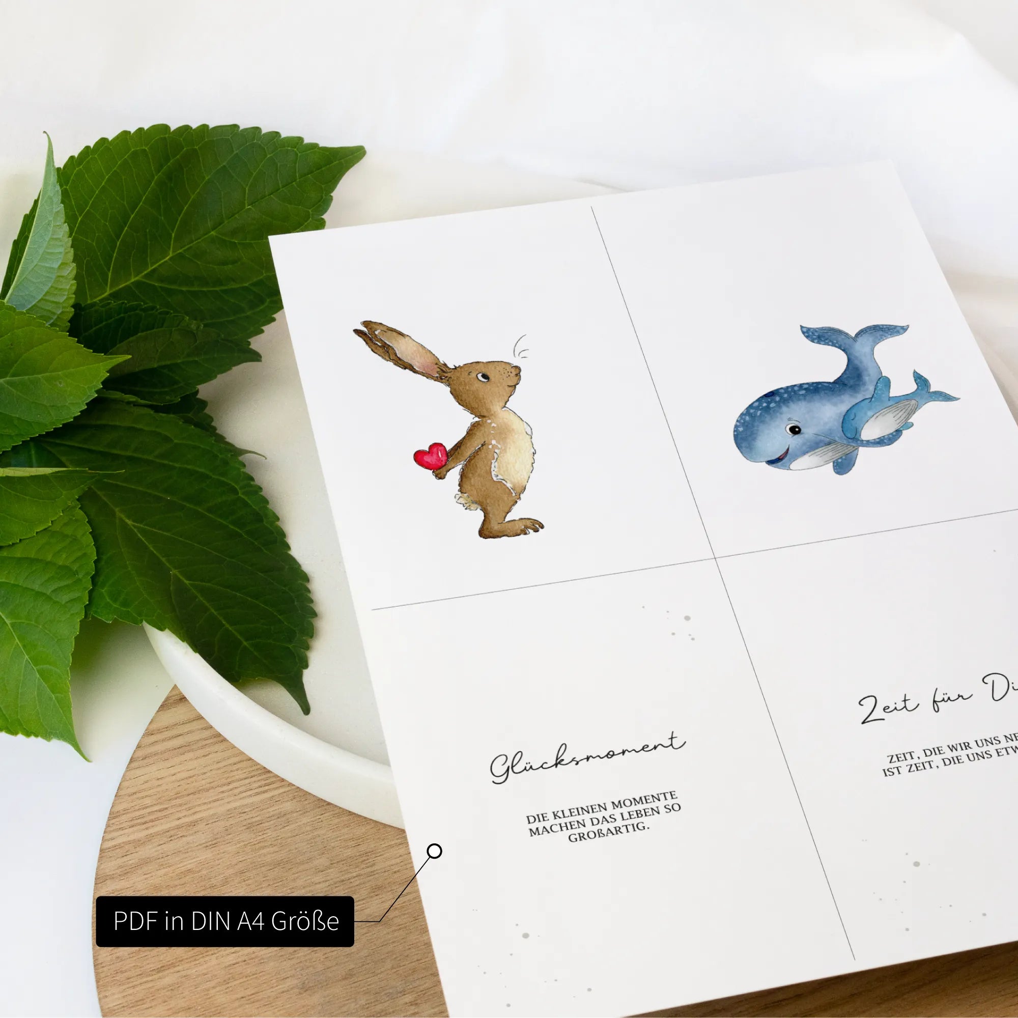 Ansicht einer DIN A4 Seite aus der PDF Datei. Darauf sind vier verschiedene Gutscheine mit Tieren und Sprüchen abgebildet.