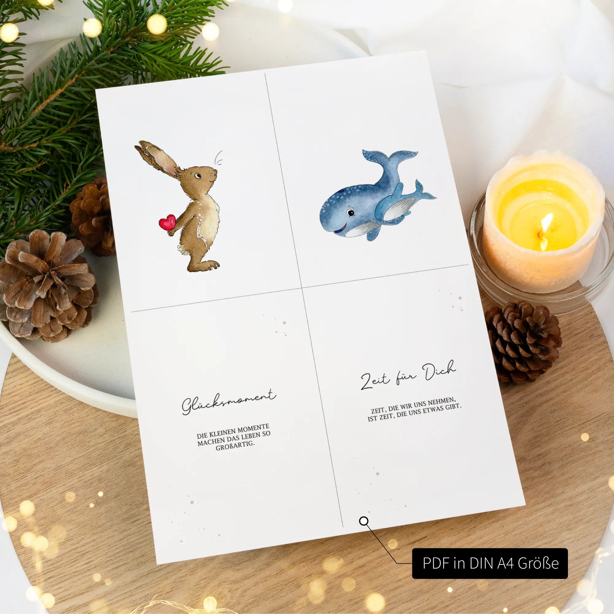 Ansicht einer DIN A4 Seite aus der PDF Datei. Darauf sind vier verschiedene Gutscheine mit Tieren und Sprüchen abgebildet.