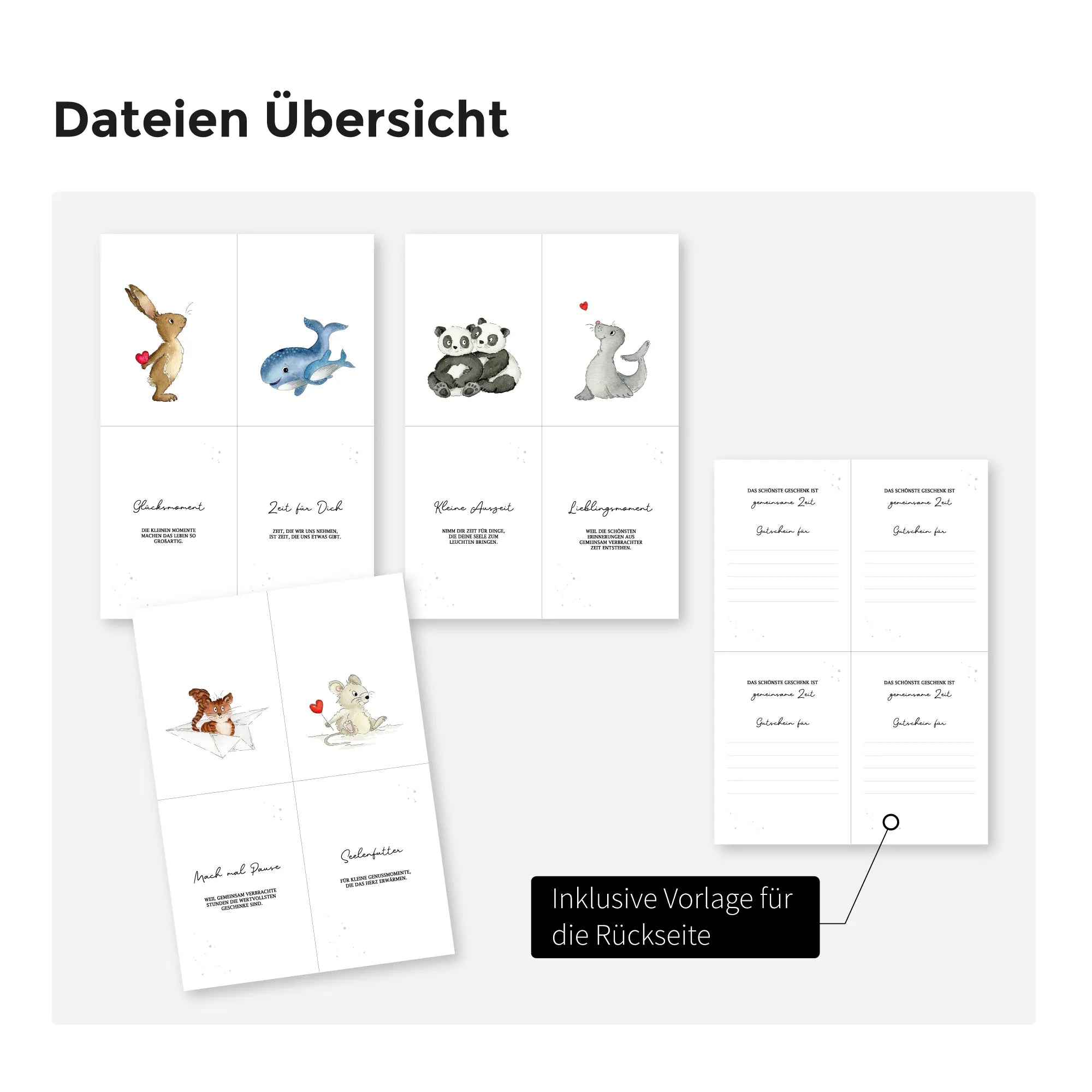 Übersicht der ersten beiden Seiten aus der Datei. Darauf sind verschiedene Tiermotive und Sprüche sowie eine Rückseite.