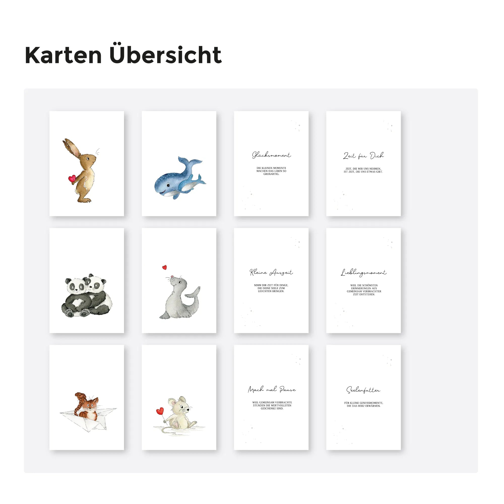 Übersicht der 12 Karten zum Download. Gezeigt werden Tiermotive wie Hase, Wal und Panda sowie passende Sprüche.