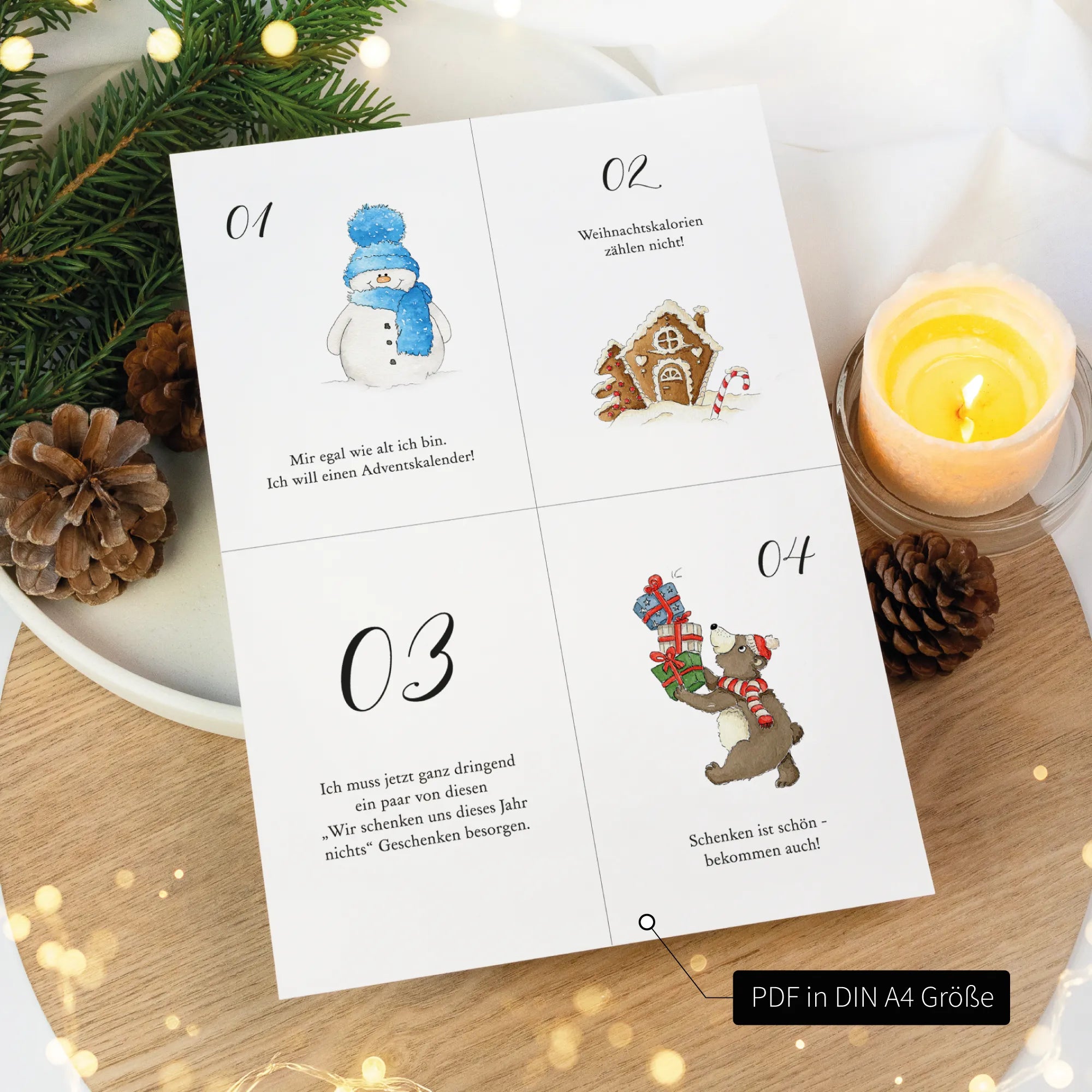 Ausgedruckte Bastelvorlage der Adventskalender Karten im DIN A4 Format. Vier lustige Motive zum Selberdrucken auf einem Blatt.