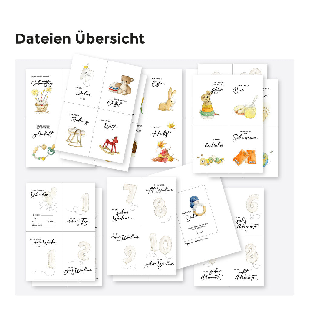 Vorschau aller 52 Meilensteinkarten mit liebevollen Aquarellmotiven zu Babys Entwicklung, perfekt als digitale Datei zum Ausdrucken und Verschenken.