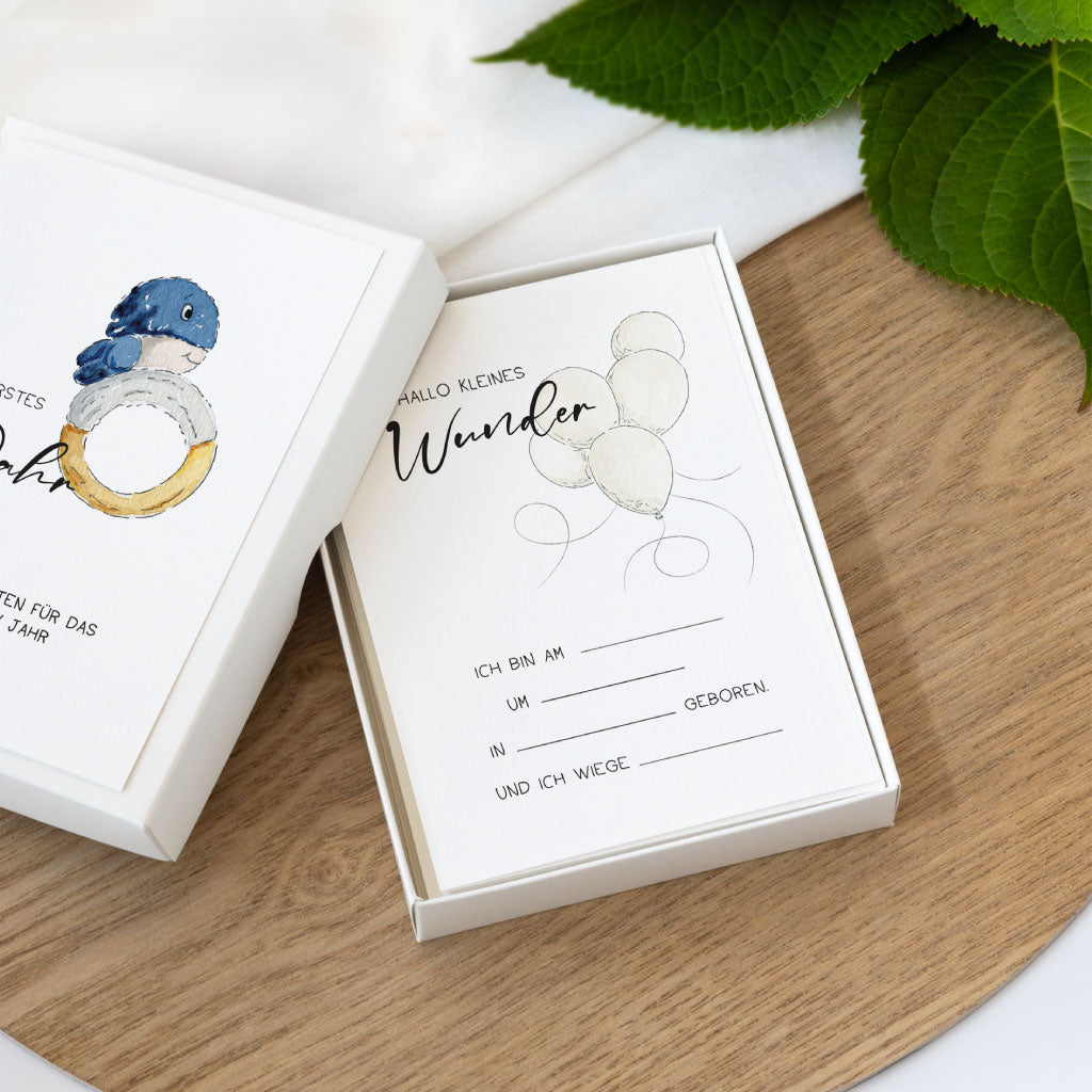 Geburtskarte aus dem Meilensteinkarten-Set mit Ballon-Motiv und Platz für Geburtsdatum, Uhrzeit und Gewicht – liebevoll illustriert im Aquarellstil, zum Ausdrucken als PDF-Datei.